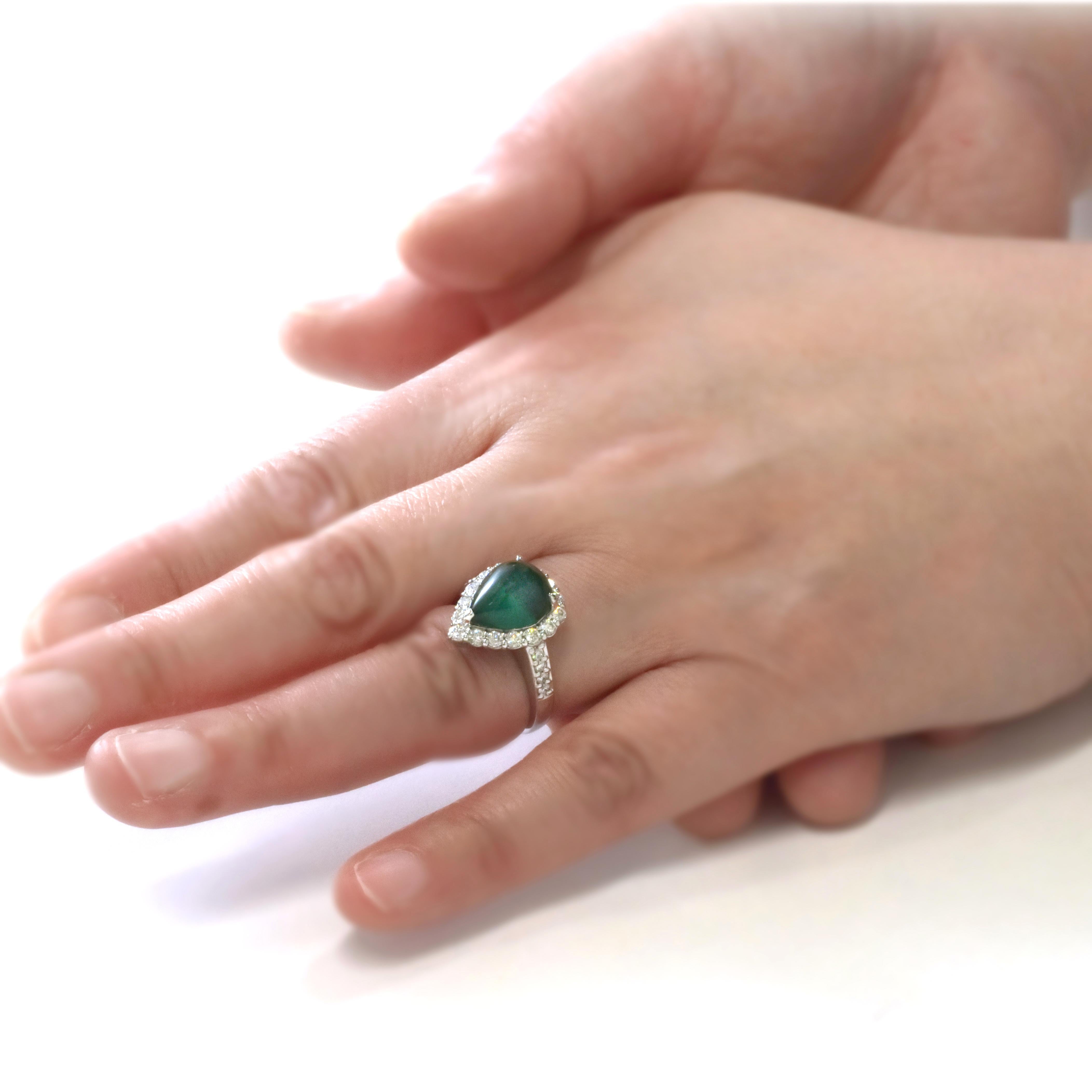 Women's 4.60 Carat Natural Emerald Cabochon and Diamond Halo Ring Made in Platinum For Sale