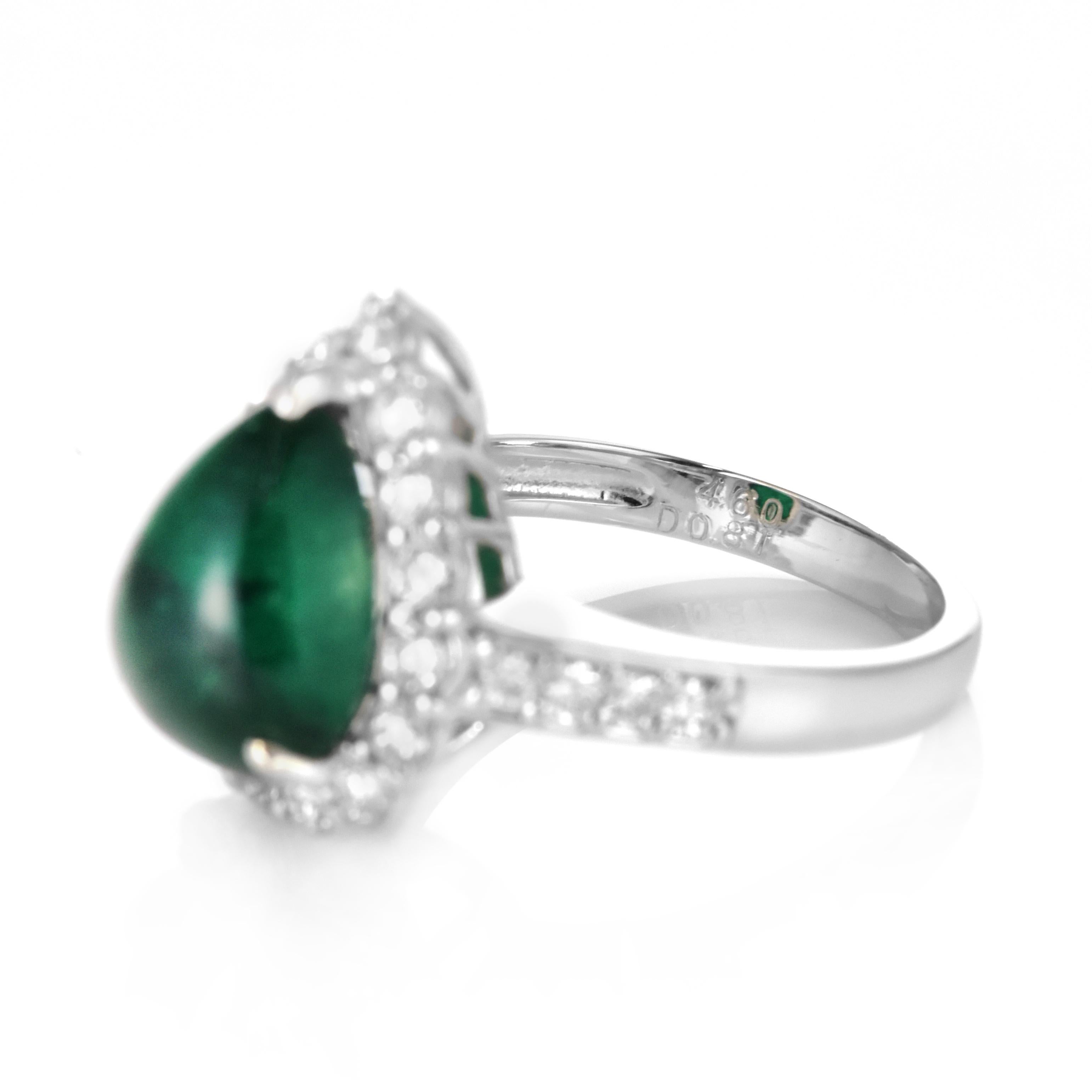 4.60 Carat Natural Emerald Cabochon and Diamond Halo Ring Made in Platinum For Sale 4