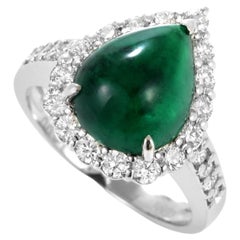 4.60 Carat Natural Emerald Cabochon and Diamond Halo Ring Made in Platinum