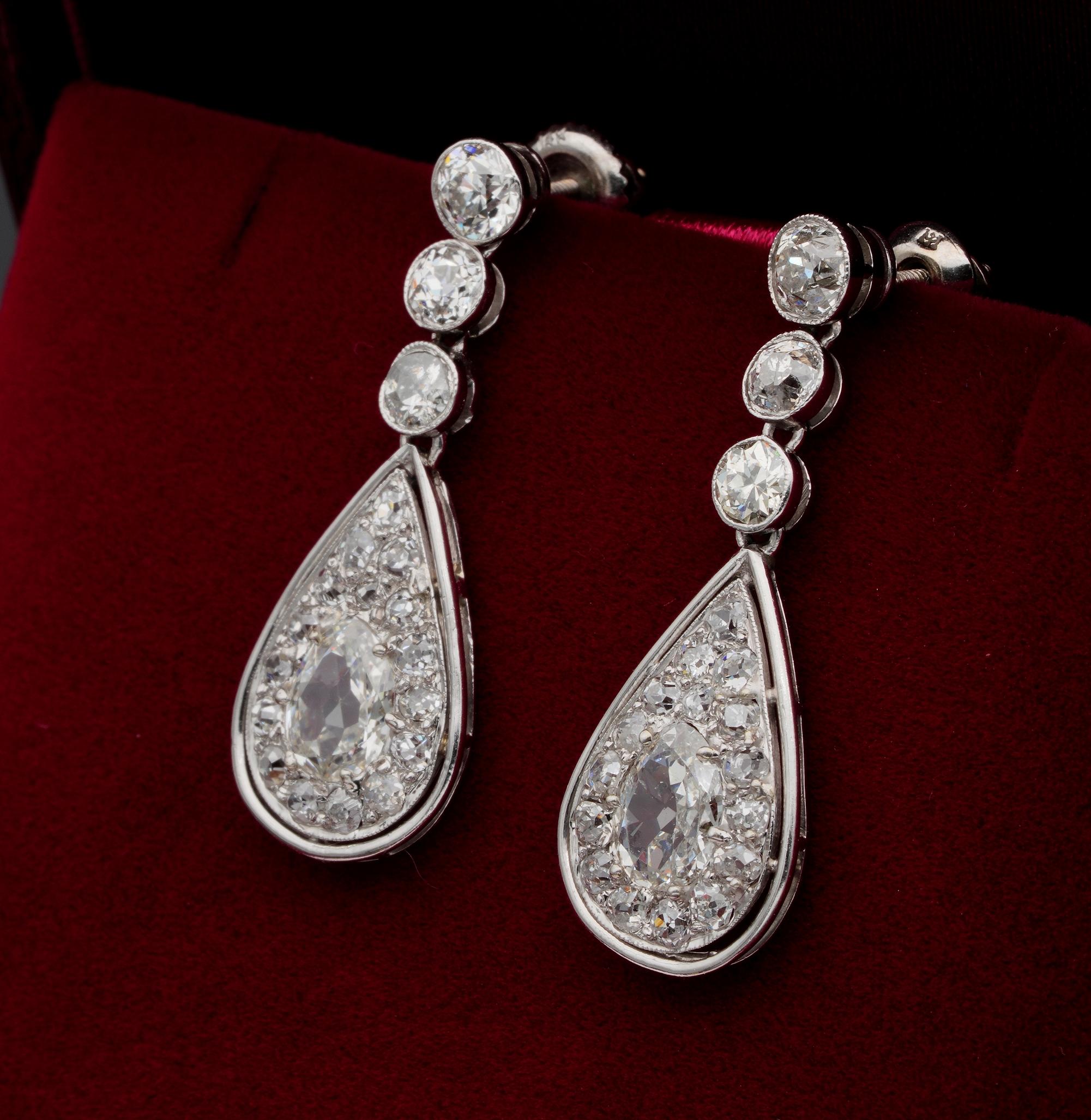 Women's 4.60 Carat Old Mine Diamond 1900 Rare Platinum Edwardian Drop Earrings