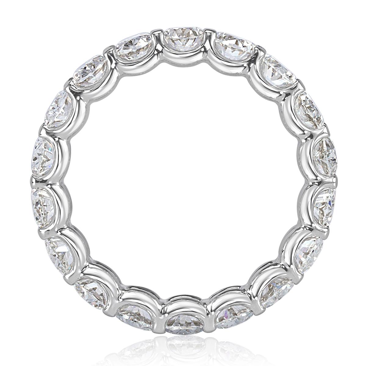 Handcrafted in 18k white gold, this gorgeous diamond eternity band features 4.60ct of perfectly matched oval cut diamonds graded at E-F, VS1-VS2. Each diamond is hand selected and beautifully showcased in a shared 