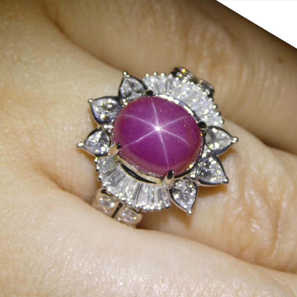 
Embrace the radiant allure of this 4.60ct Oval Red Star Ruby & Diamond Ring, elegantly set in the finesse of Platinum. With the unique beauty of star ruby shining at its heart, this ring stands as a testament to the three generations of heritage