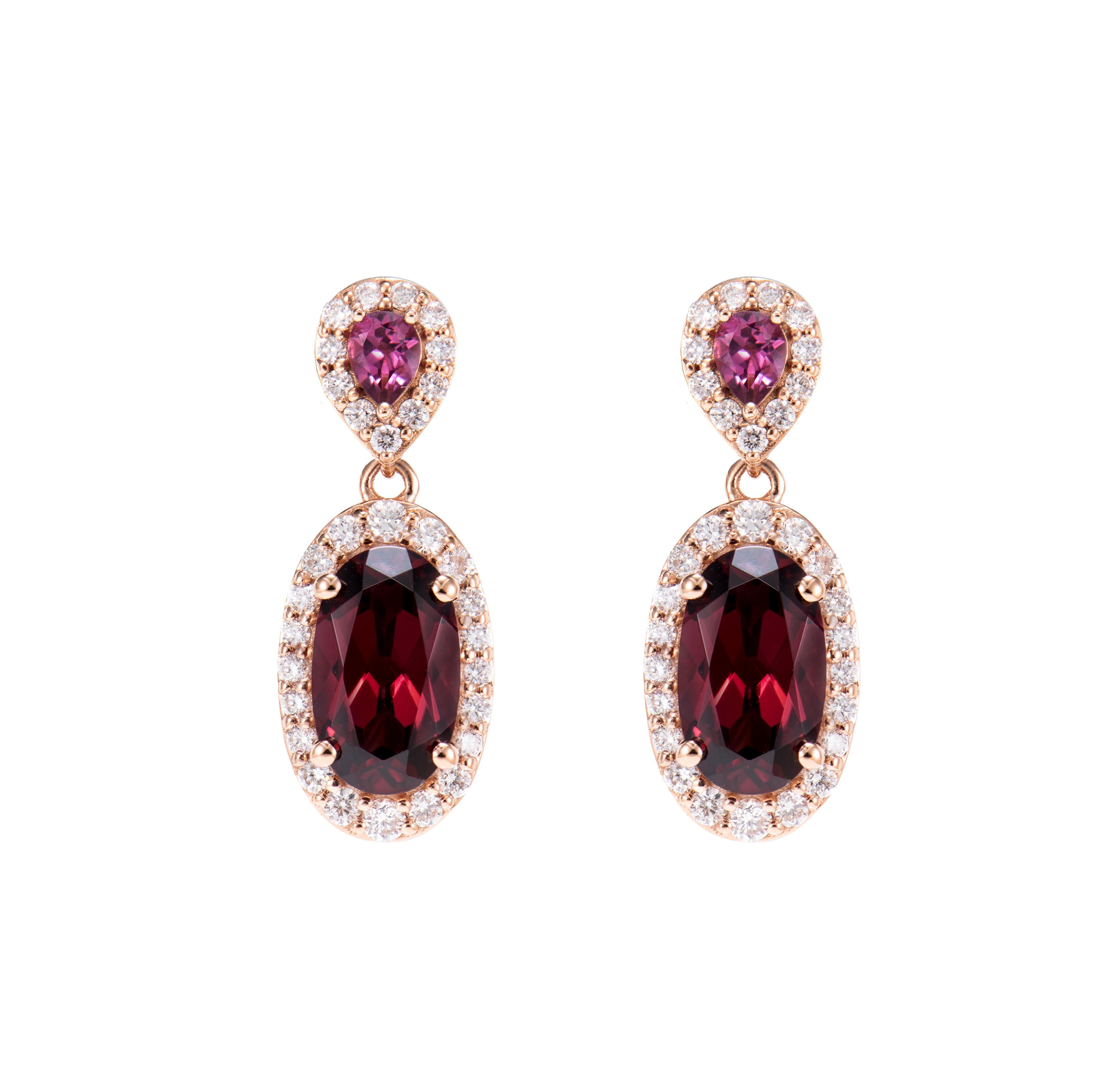 Contemporary 4.60 Carat Rhodolite Drop Earring in 18Karat Rose Gold with White Diamond For Sale