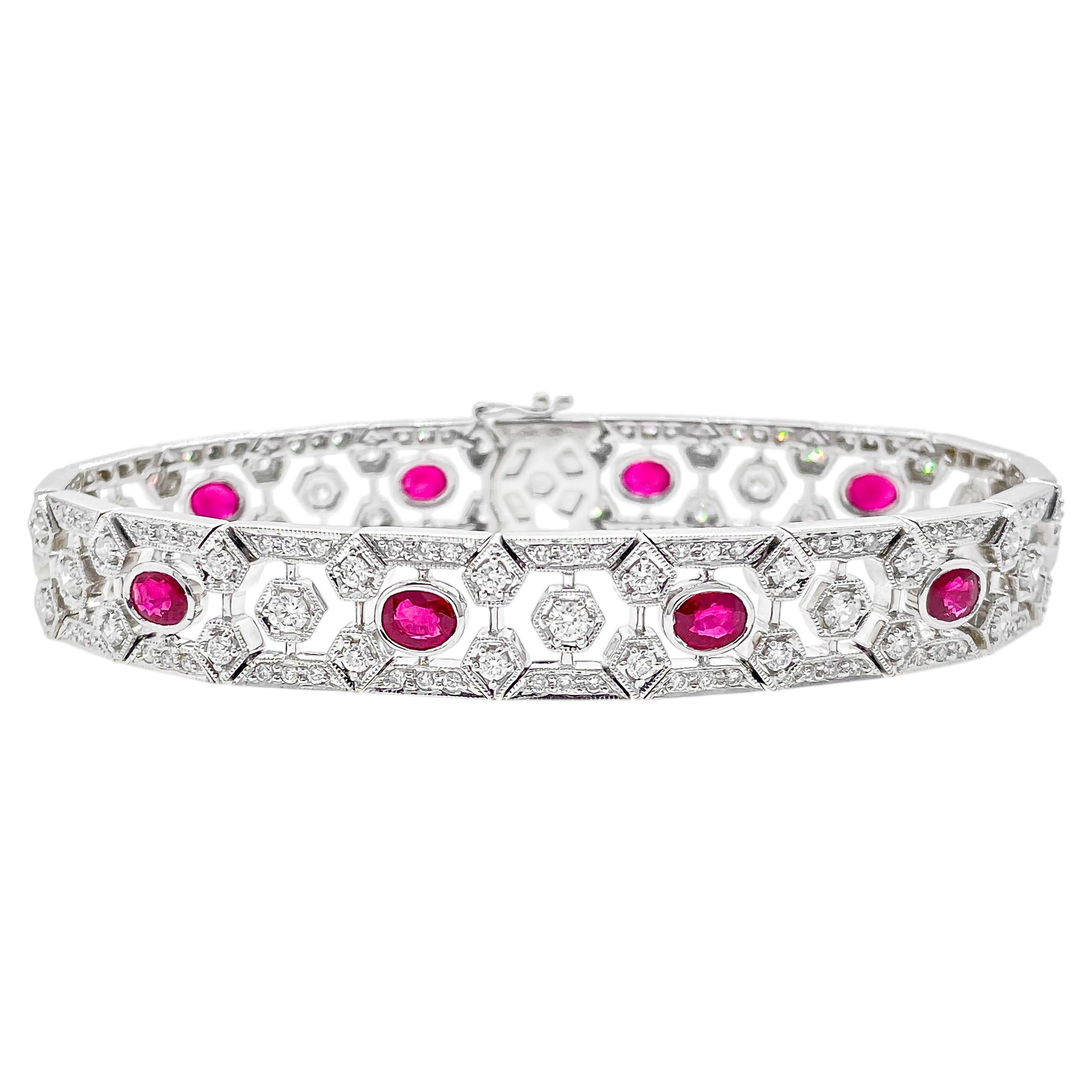 4.60 Carat Ruby and Diamond Bracelet Statement Fine Jewelry 18K White Gold