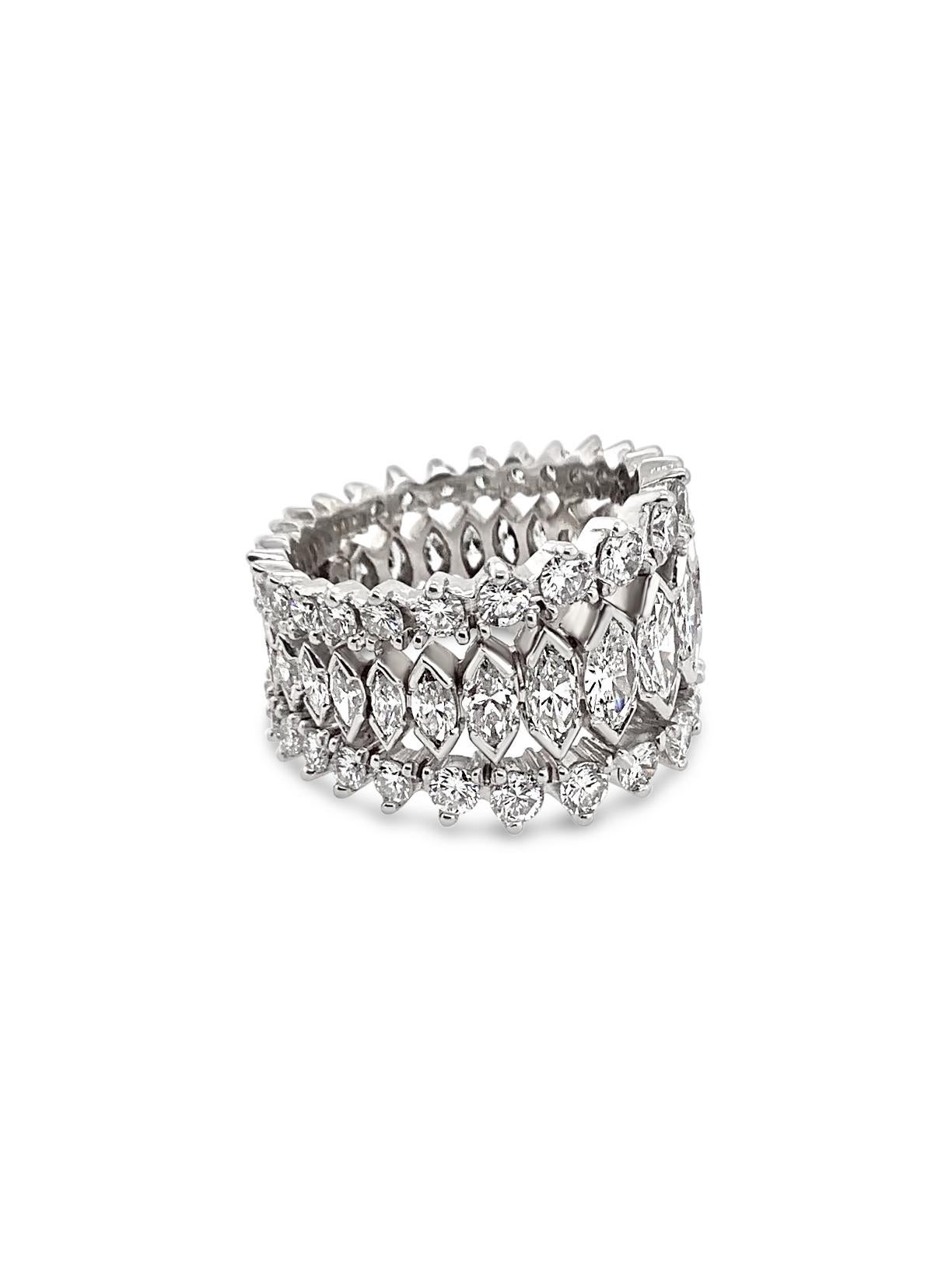 4.60 carat total weight marquise & round brilliant diamond platinum eternity band.  Diamond clarity VS1 - 2 and color G-H. Tapers from 15mm wide to 10mm - Finger Size 7.5 
