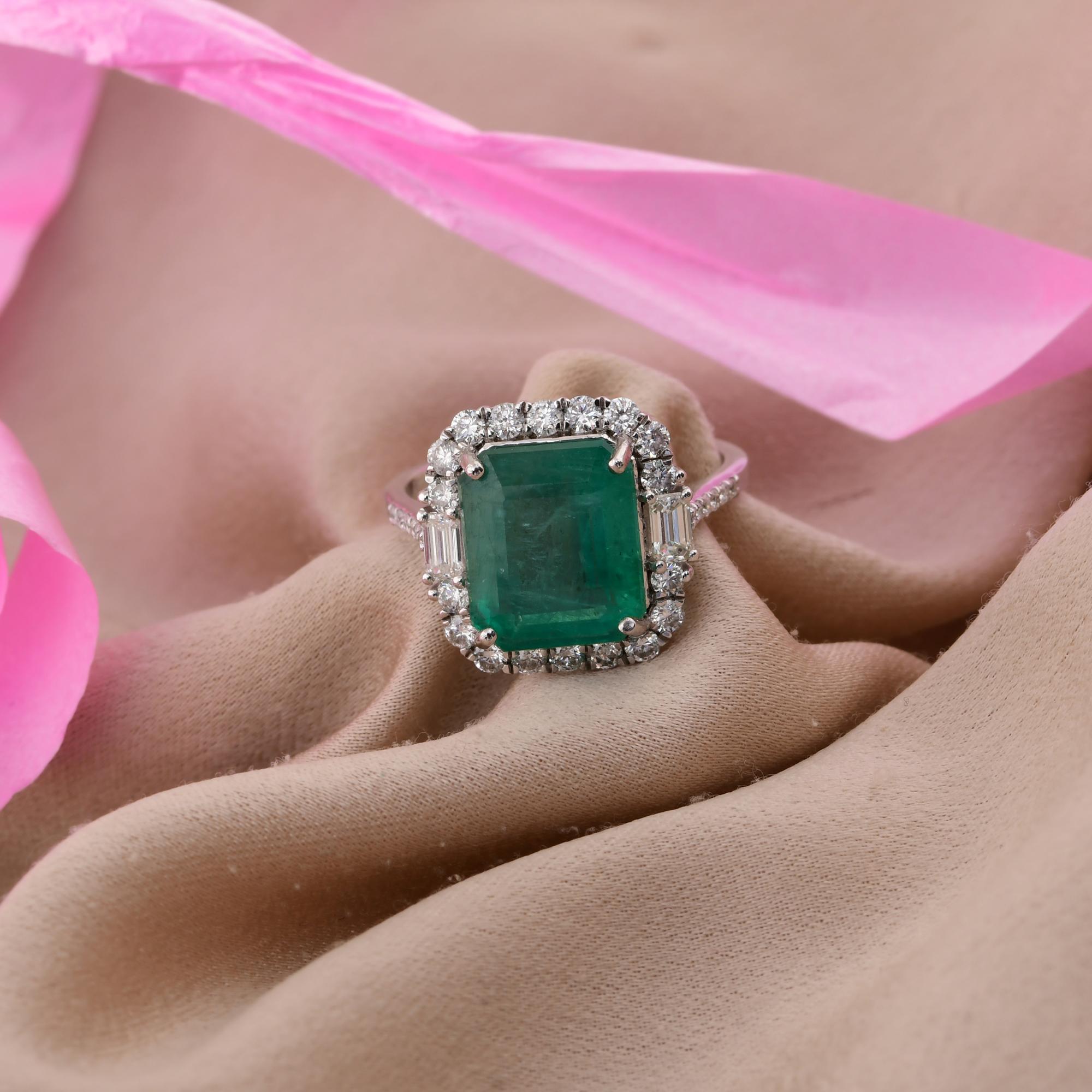 Octagon Cut 4.60 Carat Zambian Emerald Cocktail Ring 0.78 Carat Diamond 14 Karat White Gold For Sale
