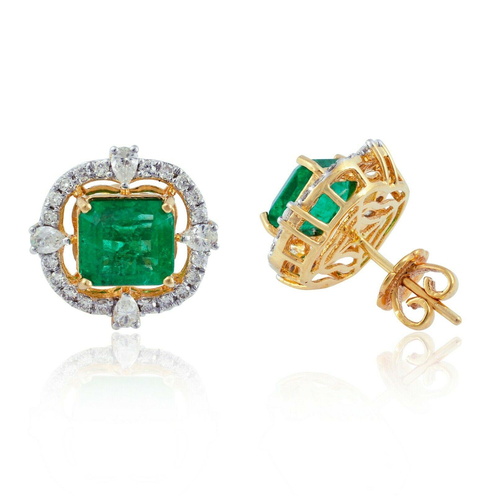 Modern 4.60 Carat Zambian Emerald Diamond 14 Karat Gold Stud Earrings For Sale