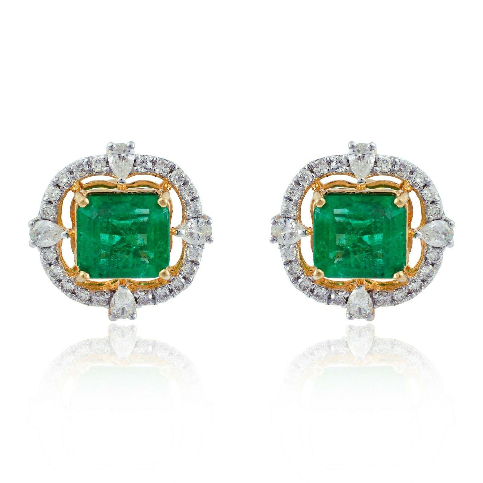 Square Cut 4.60 Carat Zambian Emerald Diamond 14 Karat Gold Stud Earrings For Sale