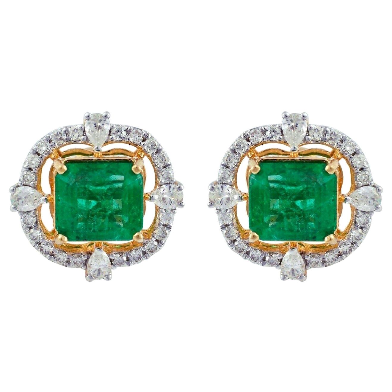 4.60 Carat Zambian Emerald Diamond 14 Karat Gold Stud Earrings For Sale