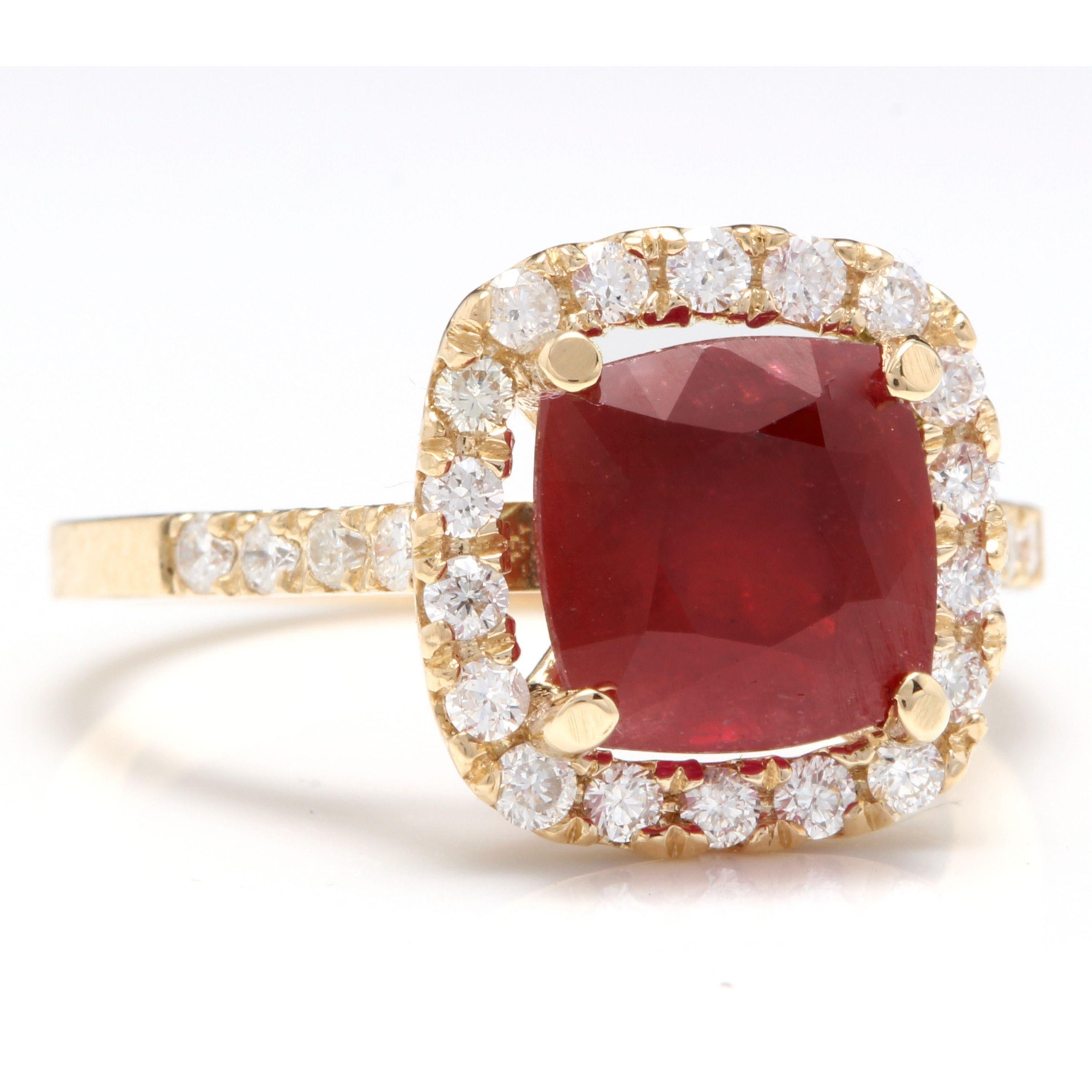 4.60 Carats Impressive Red Ruby and Natural Diamond 14K Yellow Gold Ring

Total Red Ruby Weight is: Approx. 4.00 Carats

Ruby Treatment: Lead Glass Filling

Ruby Measures: Approx. 8.00 x 8.00mm

Natural Round Diamonds Weight: Approx. 0.60 Carats