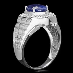 4.60 Carat Natural Diamond & Blue Sapphire 14 Karat Solid White Gold Men's Ring