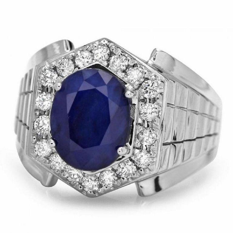 Oval Cut 4.60 Carat Natural Diamond & Blue Sapphire 14 Karat Solid White Gold Men's Ring For Sale