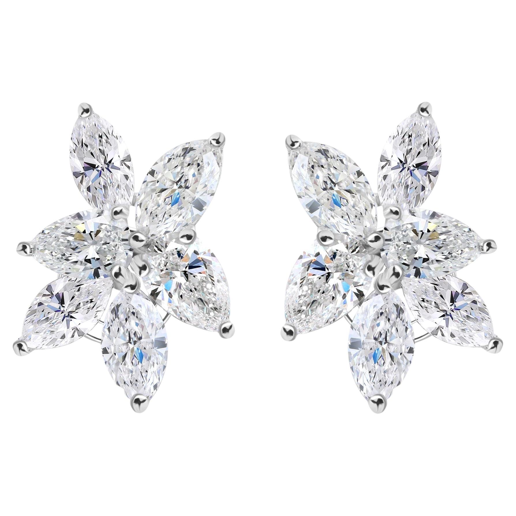 Floral Cluster Marquise & Pear Diamond Stud Earrings 4.60ct in 18K White Gold