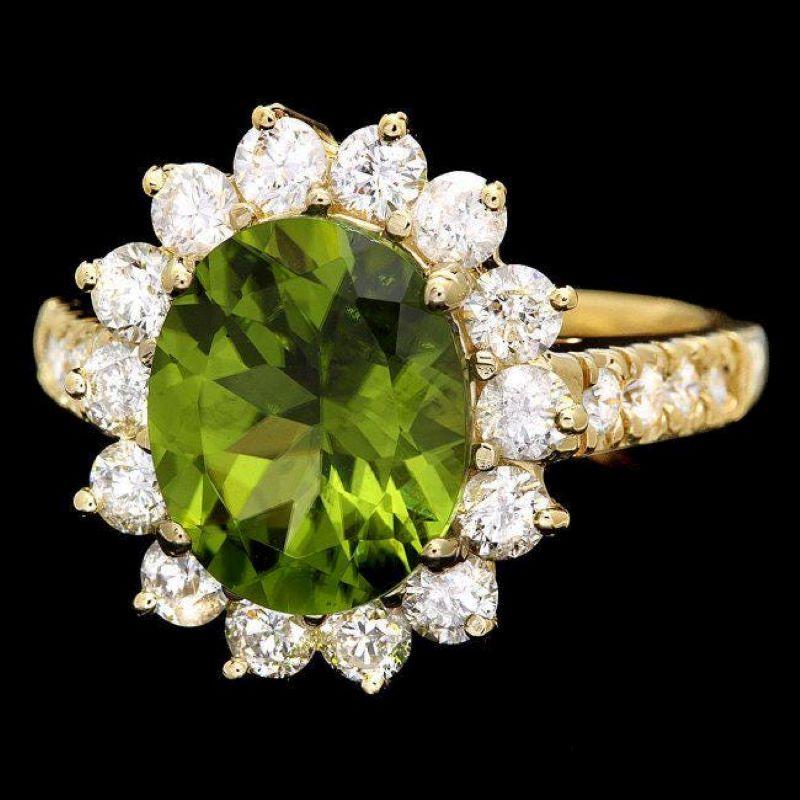 Mixed Cut 4.60 Carats Natural Peridot and Diamond 14K Solid Yellow Gold Ring For Sale