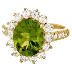 Anello in oro giallo massiccio 14K con peridoto naturale e diamanti da 4,60 carati
