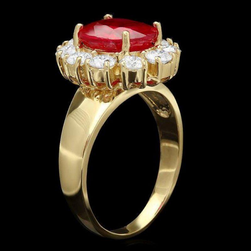 4.60 Carats Impressive Red Ruby and Natural Diamond 14K Yellow Gold Ring

Total Red Ruby Weight is: Approx. 3.40 Carats

Ruby Measures: Approx. 10.00 x 8.00mm

Ruby treatment: Fracture Filling

Natural Round Diamonds Weight: Approx. 1.20 Carats