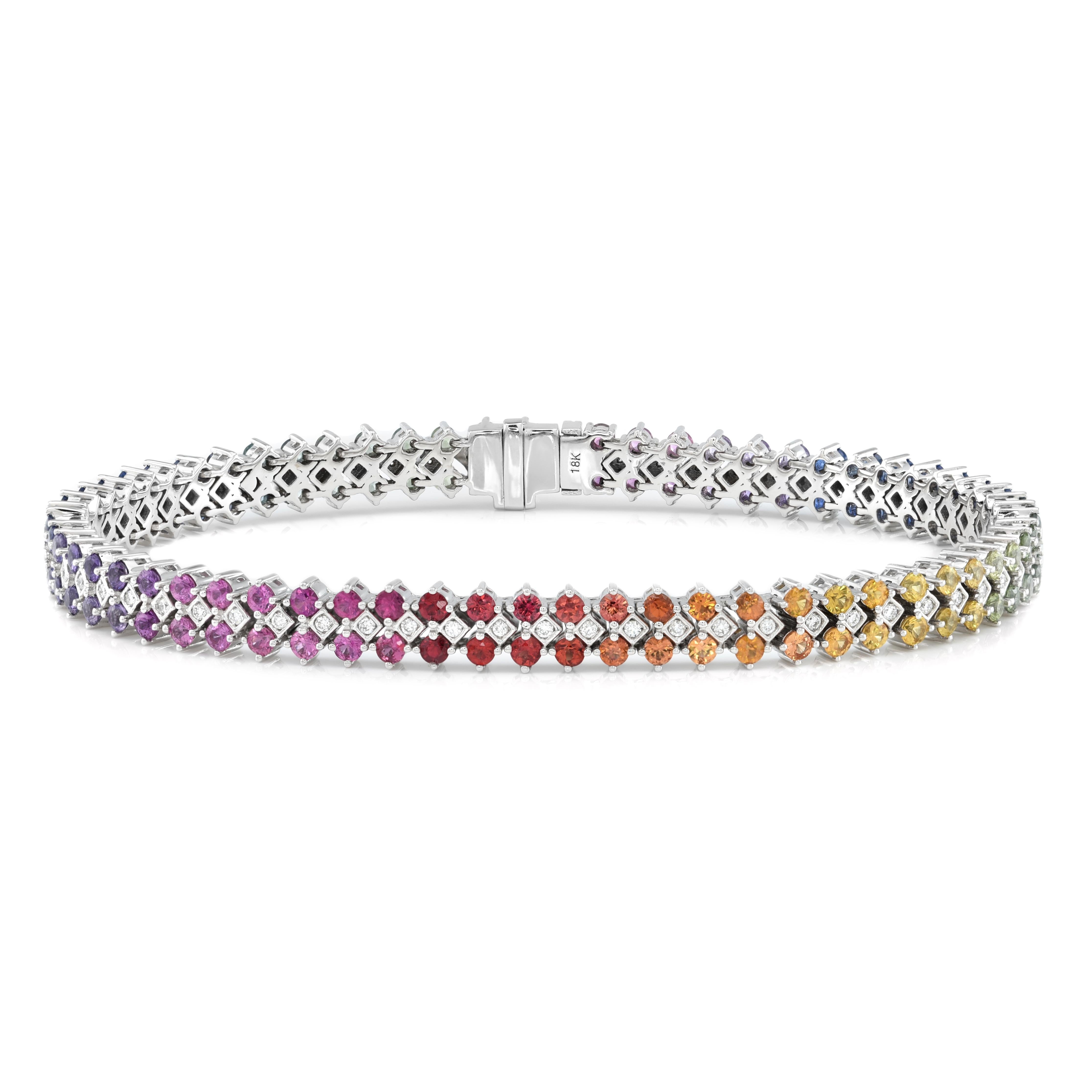 4.60 Carats Rainbow Color Sapphires Diamonds set in 18K White Gold Bracelet In New Condition For Sale In Los Angeles, CA