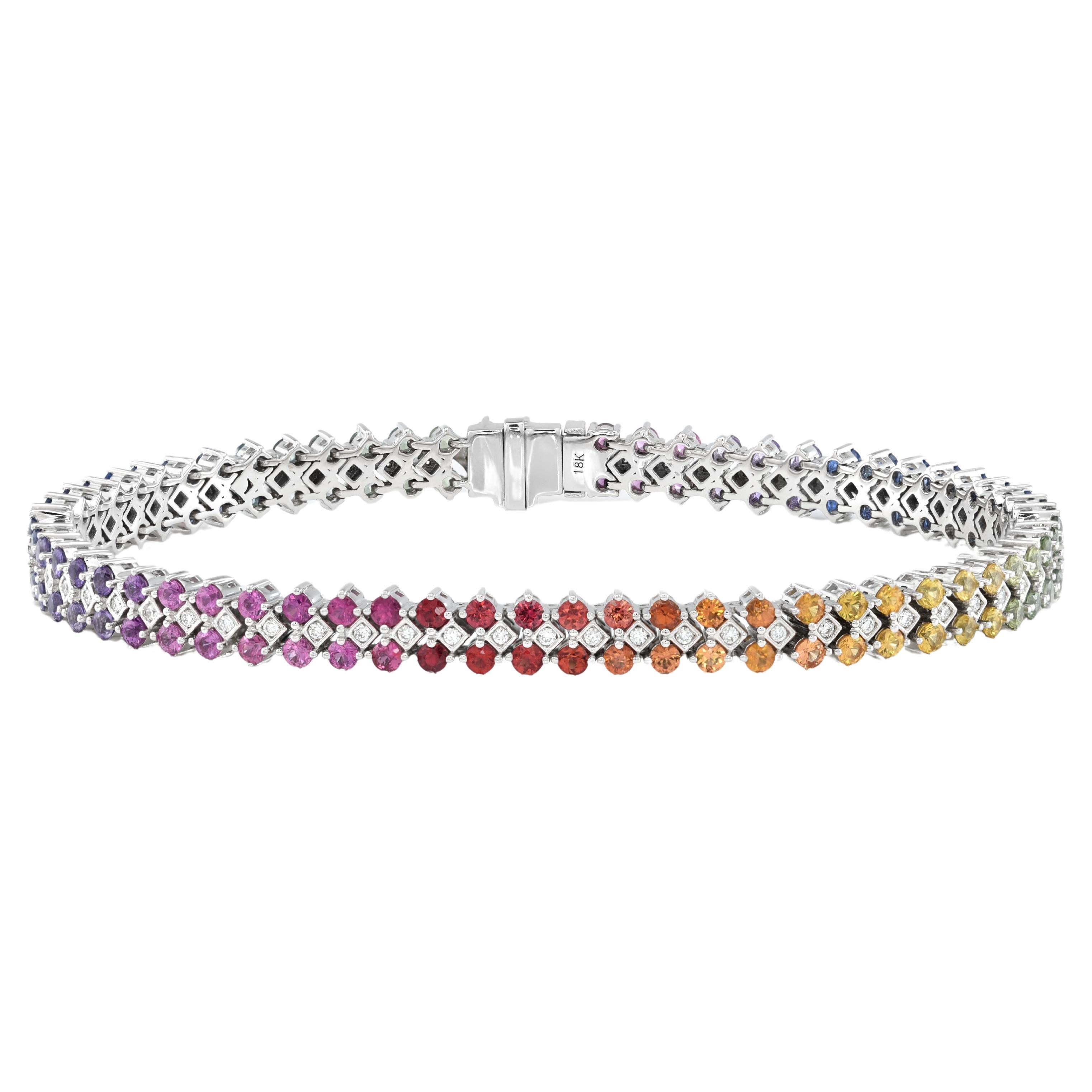 4.60 Carats Rainbow Color Sapphires Diamonds set in 18K White Gold Bracelet For Sale