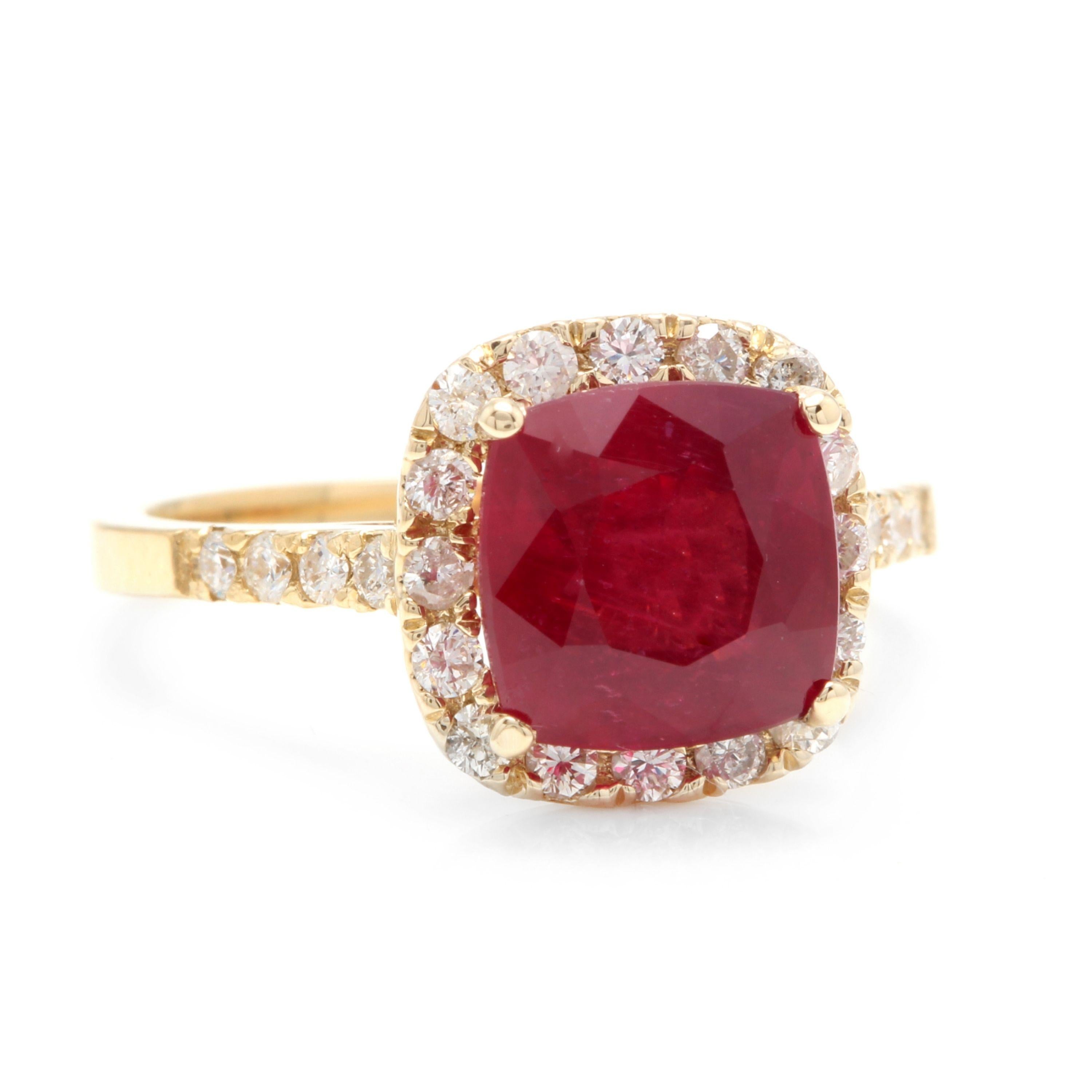 4.60 Carats Impressive Red Ruby and Natural Diamond 14K Yellow Gold Ring

Total Red Ruby Weight is Approx. 4.00 Carats

Ruby Treatment: Lead Glass Filling

Ruby Measures: Approx. 8.00 x 8.00mm

Natural Round Diamonds Weight: Approx. 0.60 Carats