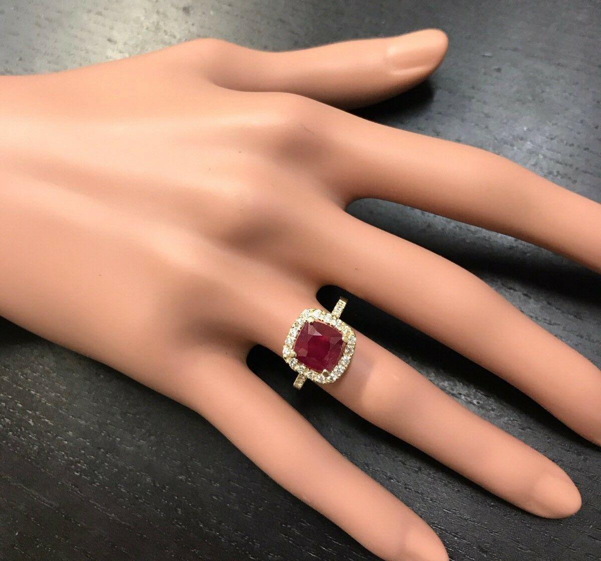 Women's 4.60 Carat Red Ruby and Natural Diamond 14 Karat Solid Yellow Gold Ring For Sale