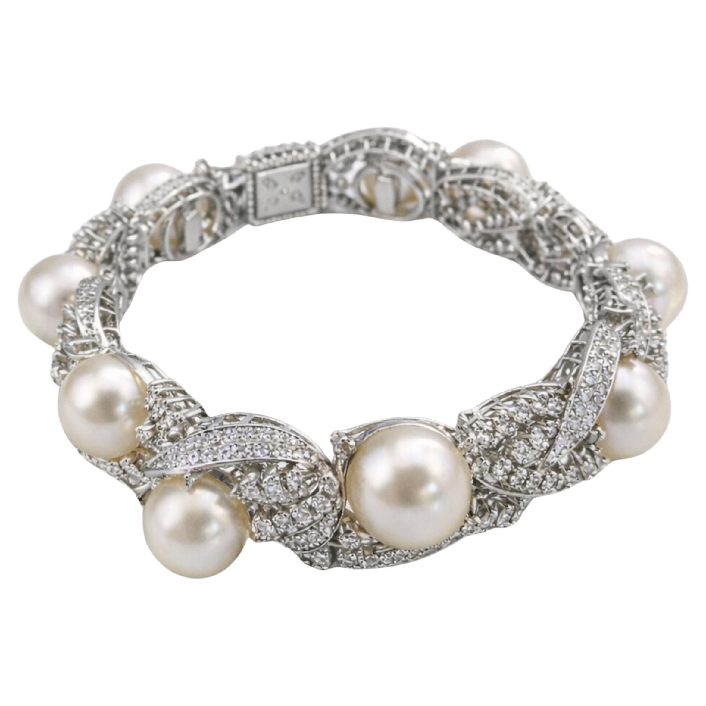 4.60 Ct. Diamond and Large Pearl Bracelet For Sale