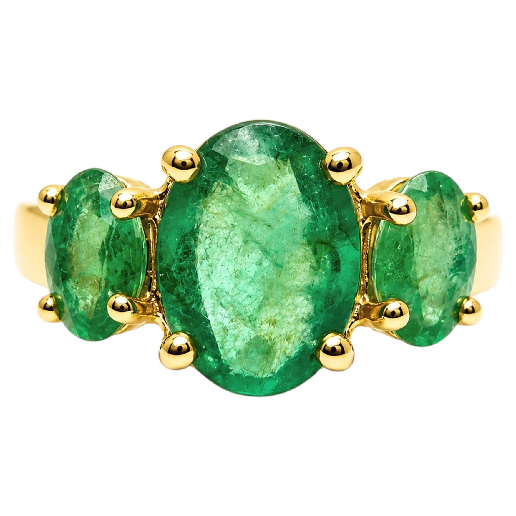 Bague cocktail en émeraude de Zambie de 4,60 ct, en or 14 carats, avec 3 émeraudes