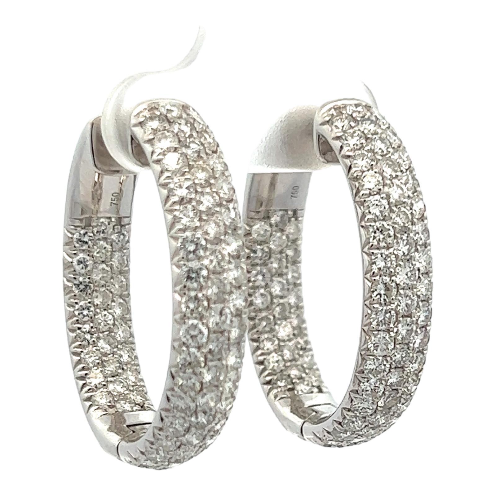 Round Cut 4.60 Ctw Diamond Oval in & Out Hoop Earrings 18 Karat White Gold For Sale
