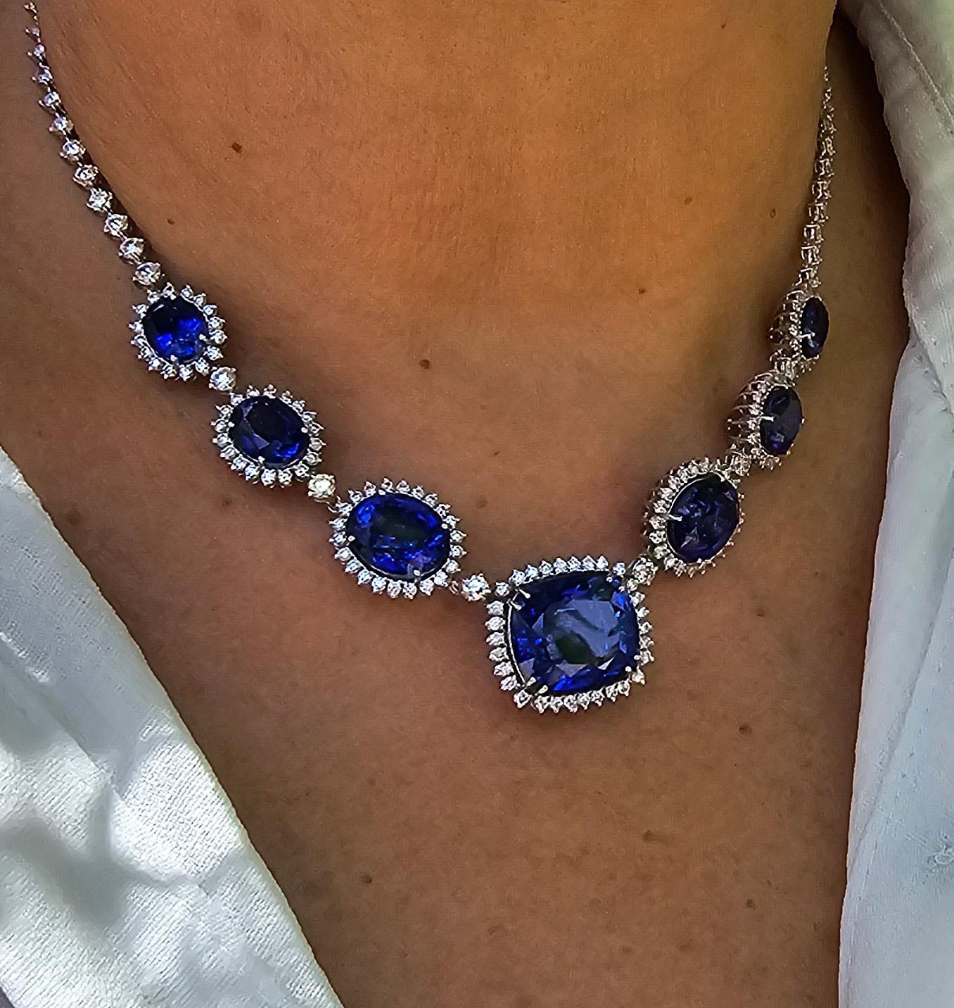 Oval Cut 46.00 carat sapphire and 11.93 carat natural diamond necklace For Sale