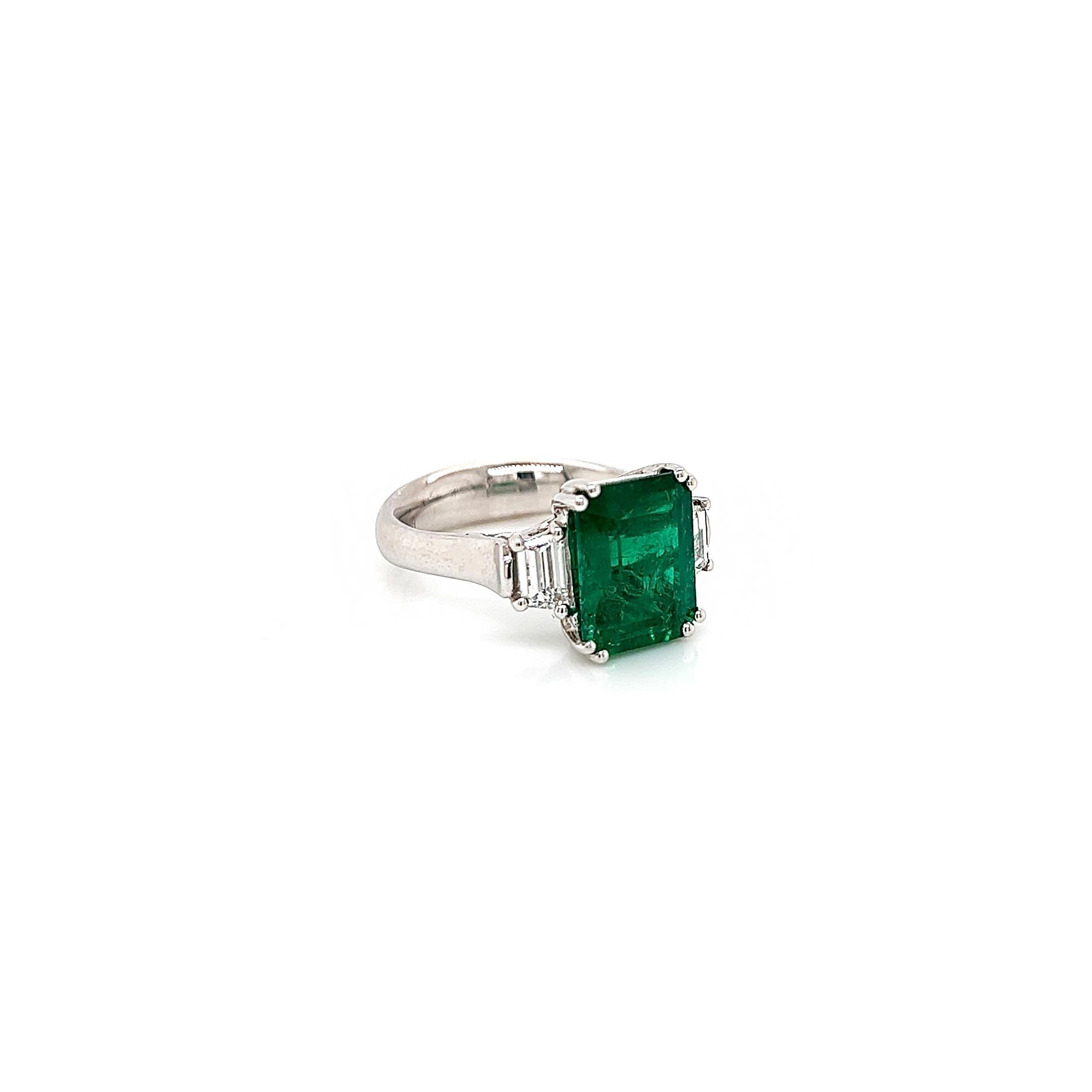 Emerald Cut 4.60 Total Ct Natural Emerald and Diamond Three Stone Ladies Engagement Ring GIA For Sale