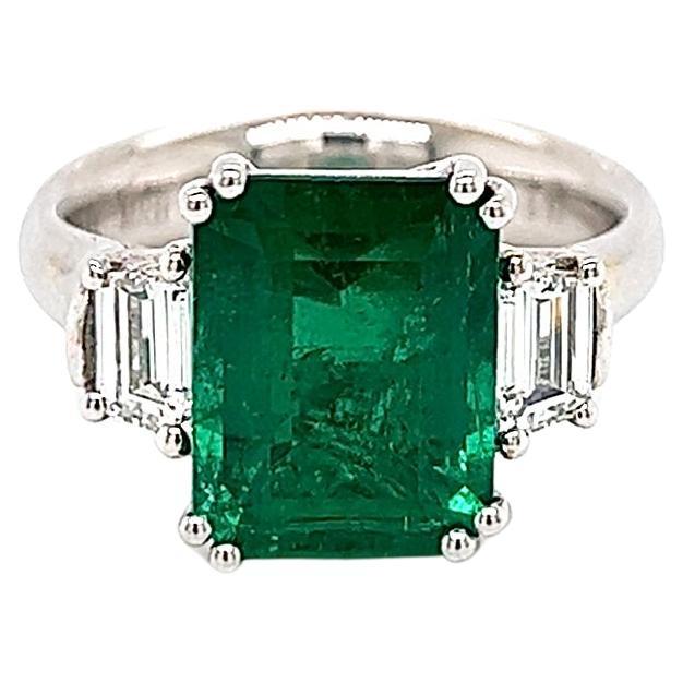 4.60 Total Ct Natural Emerald and Diamond Three Stone Ladies Engagement Ring GIA