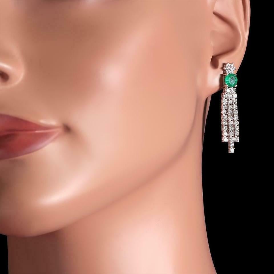 Round Cut 4.60 Carat Natural Emerald and Diamond 14 Karat Solid White Gold Earrings For Sale