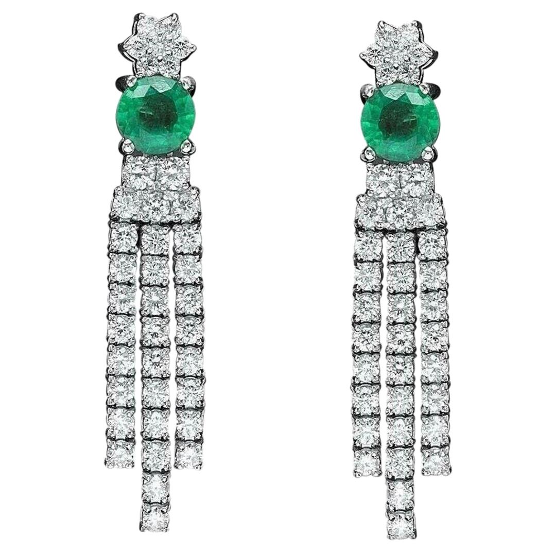 4.60 Carat Natural Emerald and Diamond 14 Karat Solid White Gold Earrings For Sale