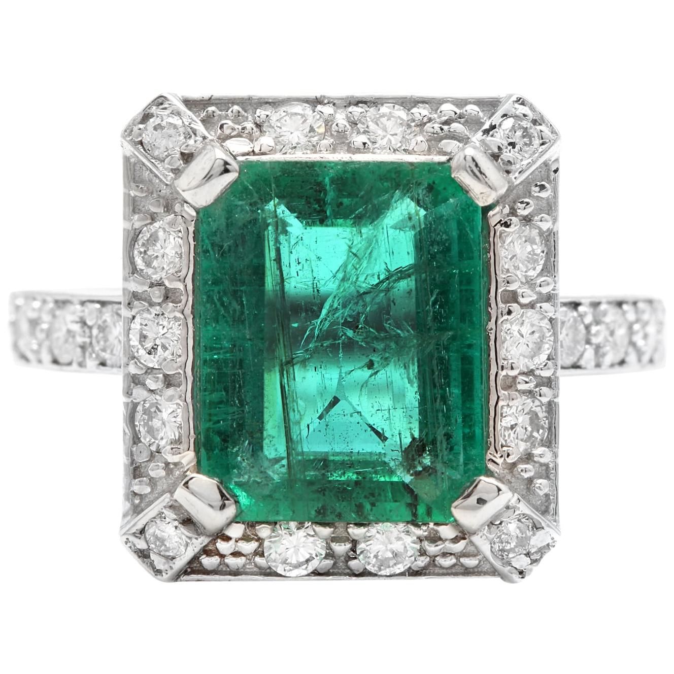 4.60ct Natural Emerald & Diamond 14k Solid White Gold Ring For Sale