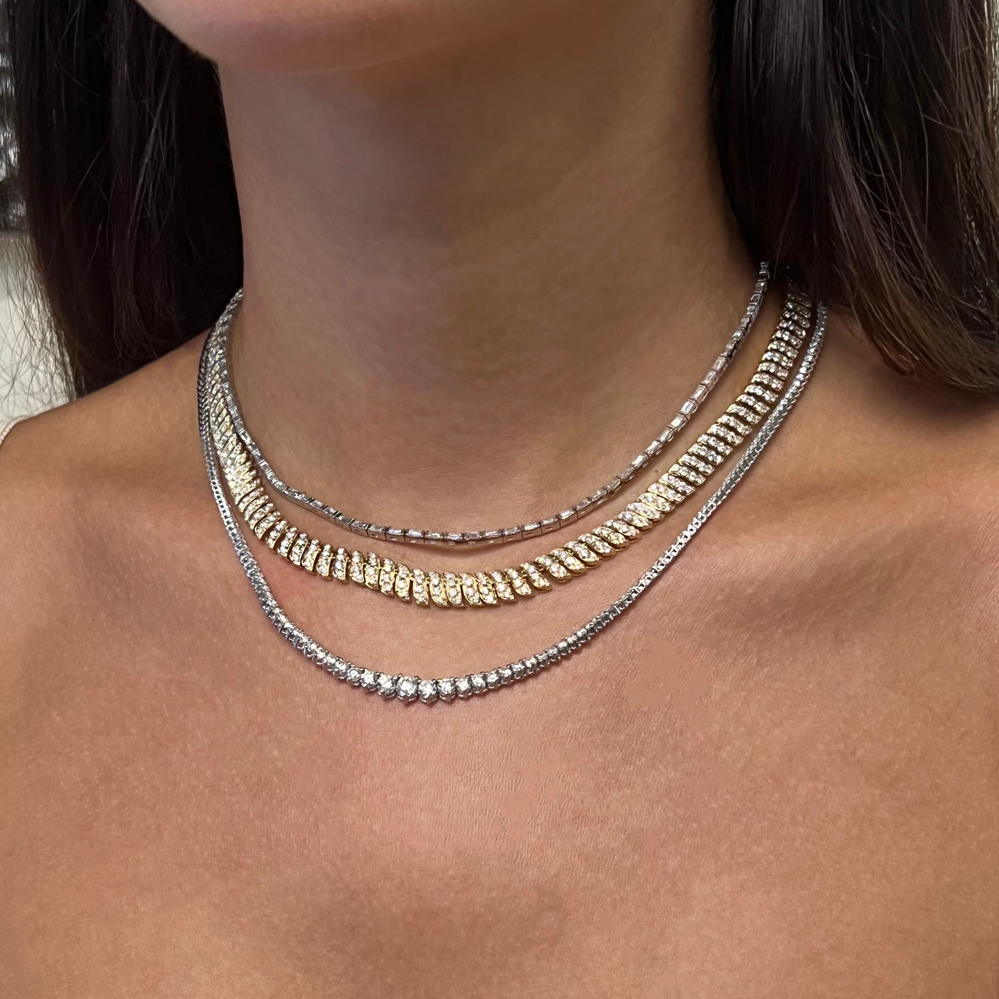 4.60cttw Baguette Cut Diamond Tennis Statement Necklace 18K White Gold In New Condition For Sale In New York, NY
