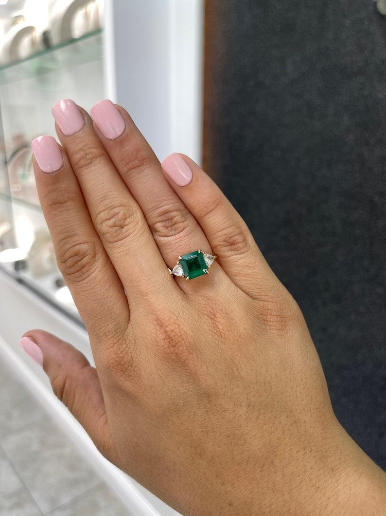Modern 4.60tcw 14K Rose Gold Asscher Cut Emerald & Trillion Diamond Engagement Ring For Sale