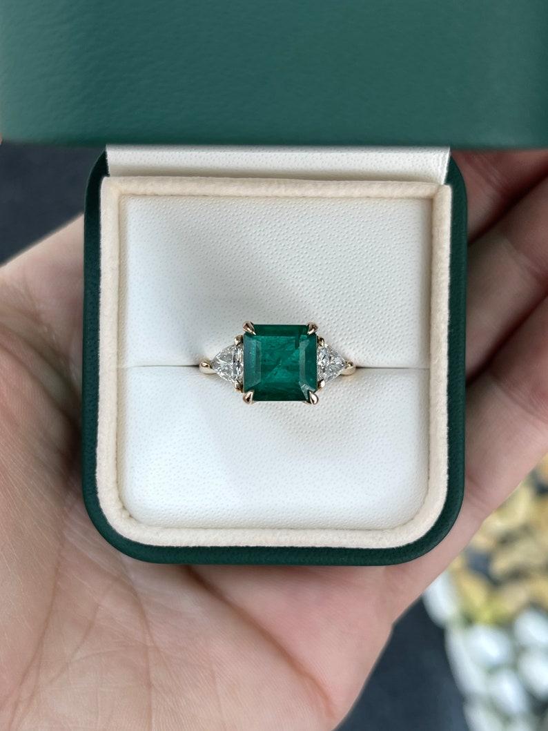 4.60tcw 14K Rose Gold Asscher Cut Emerald & Trillion Diamond Engagement Ring For Sale 1