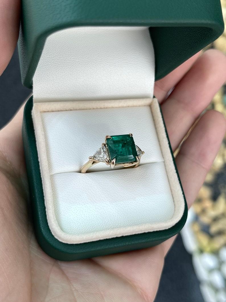 4.60tcw 14K Rose Gold Asscher Cut Emerald & Trillion Diamond Engagement Ring For Sale 2