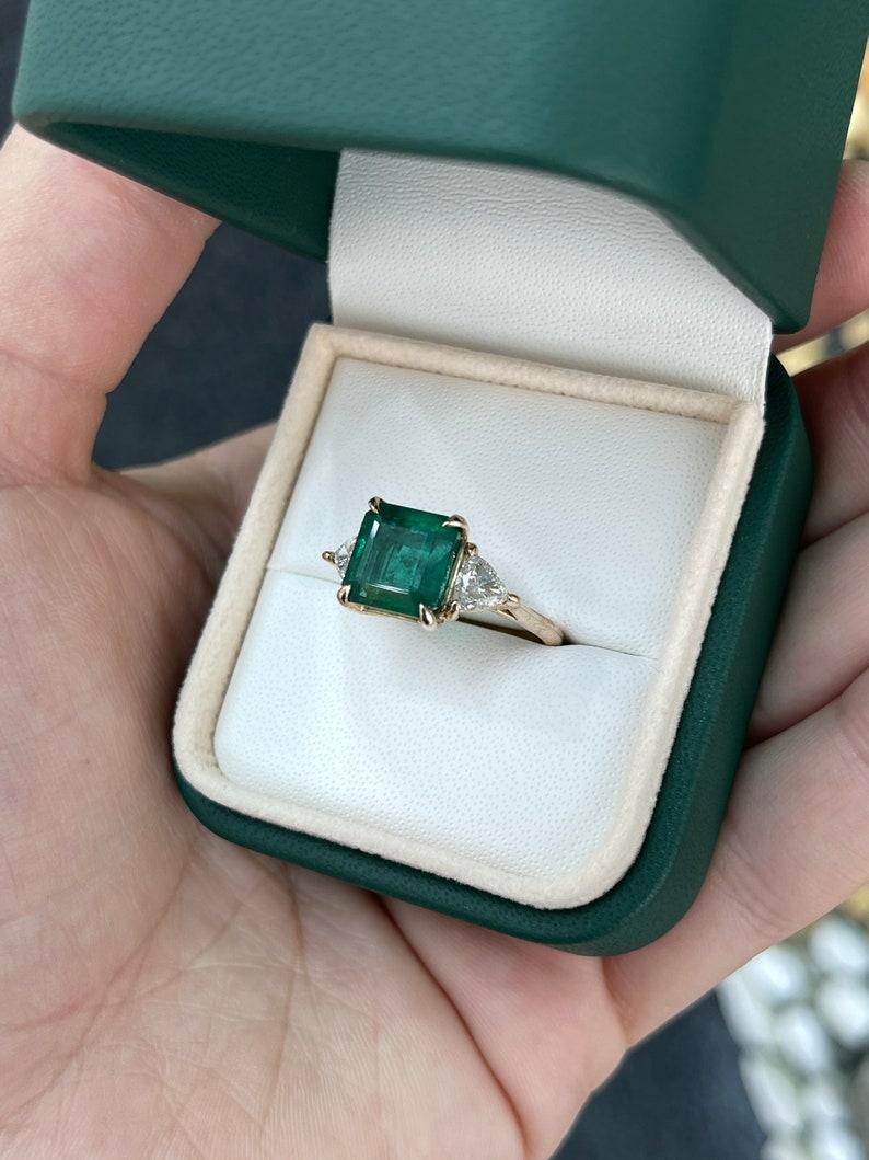 4.60tcw 14K Rose Gold Asscher Cut Emerald & Trillion Diamond Engagement Ring For Sale 3