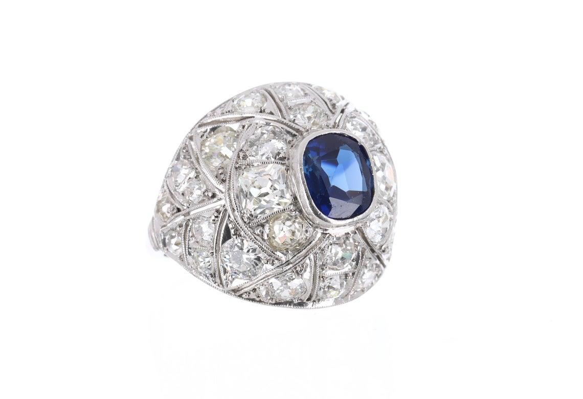 Art Deco 4.60tcw 18K Natural Sapphire & Diamond Vintage Ring  For Sale