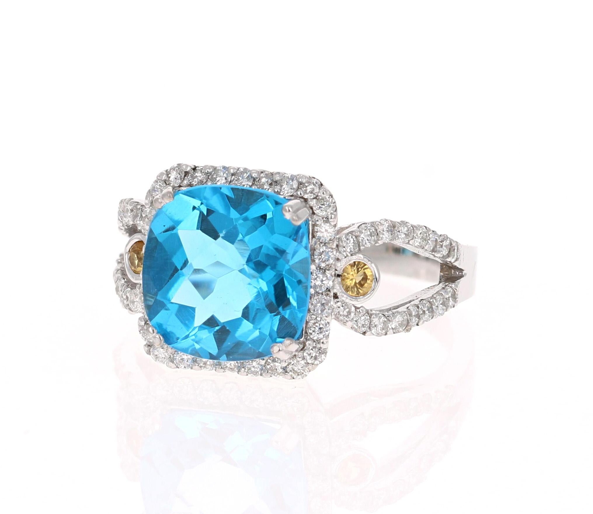 Contemporary 4.61 Carat Blue Topaz Sapphire Diamond White Gold Cocktail Ring For Sale