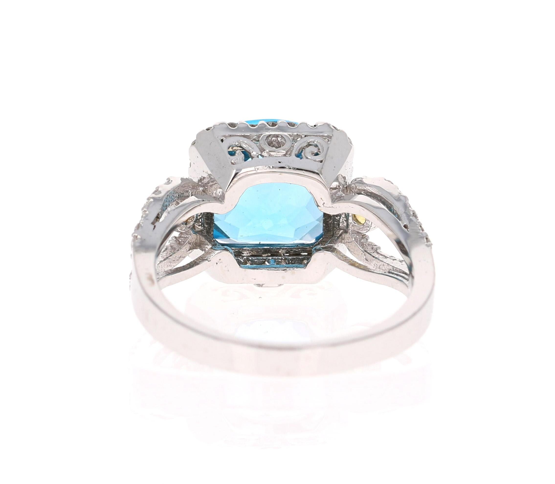 Cushion Cut 4.61 Carat Blue Topaz Sapphire Diamond White Gold Cocktail Ring For Sale