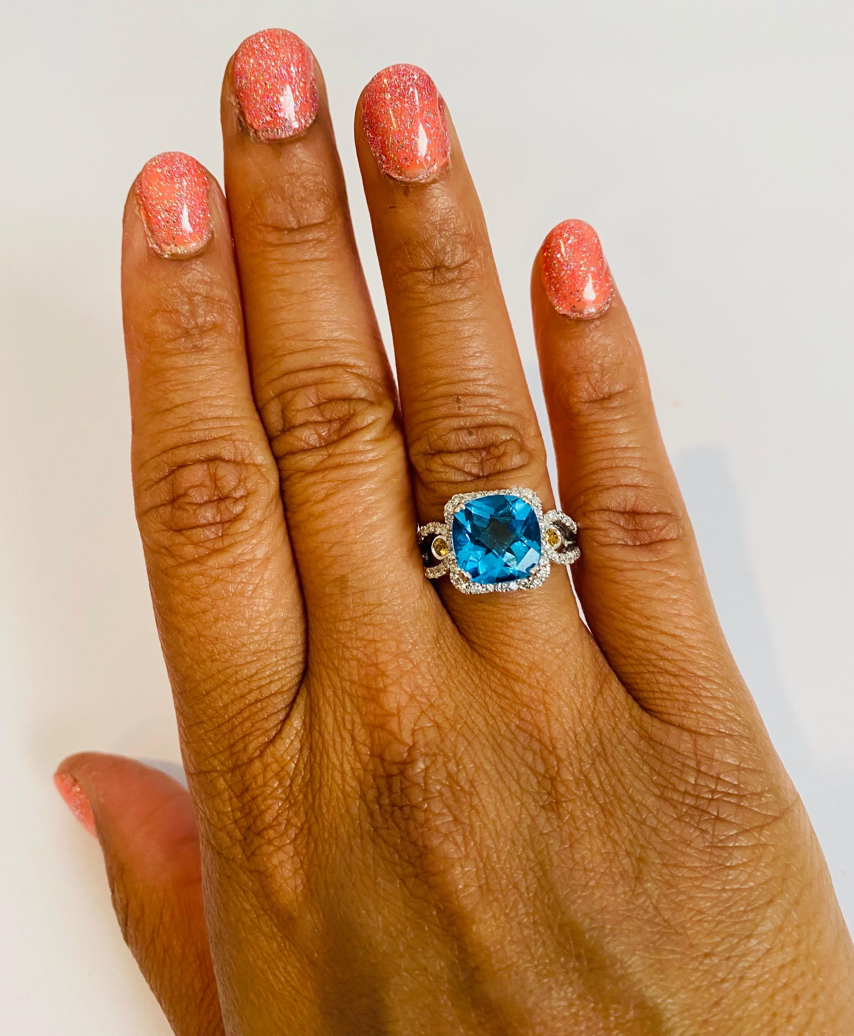 Women's 4.61 Carat Blue Topaz Sapphire Diamond White Gold Cocktail Ring For Sale