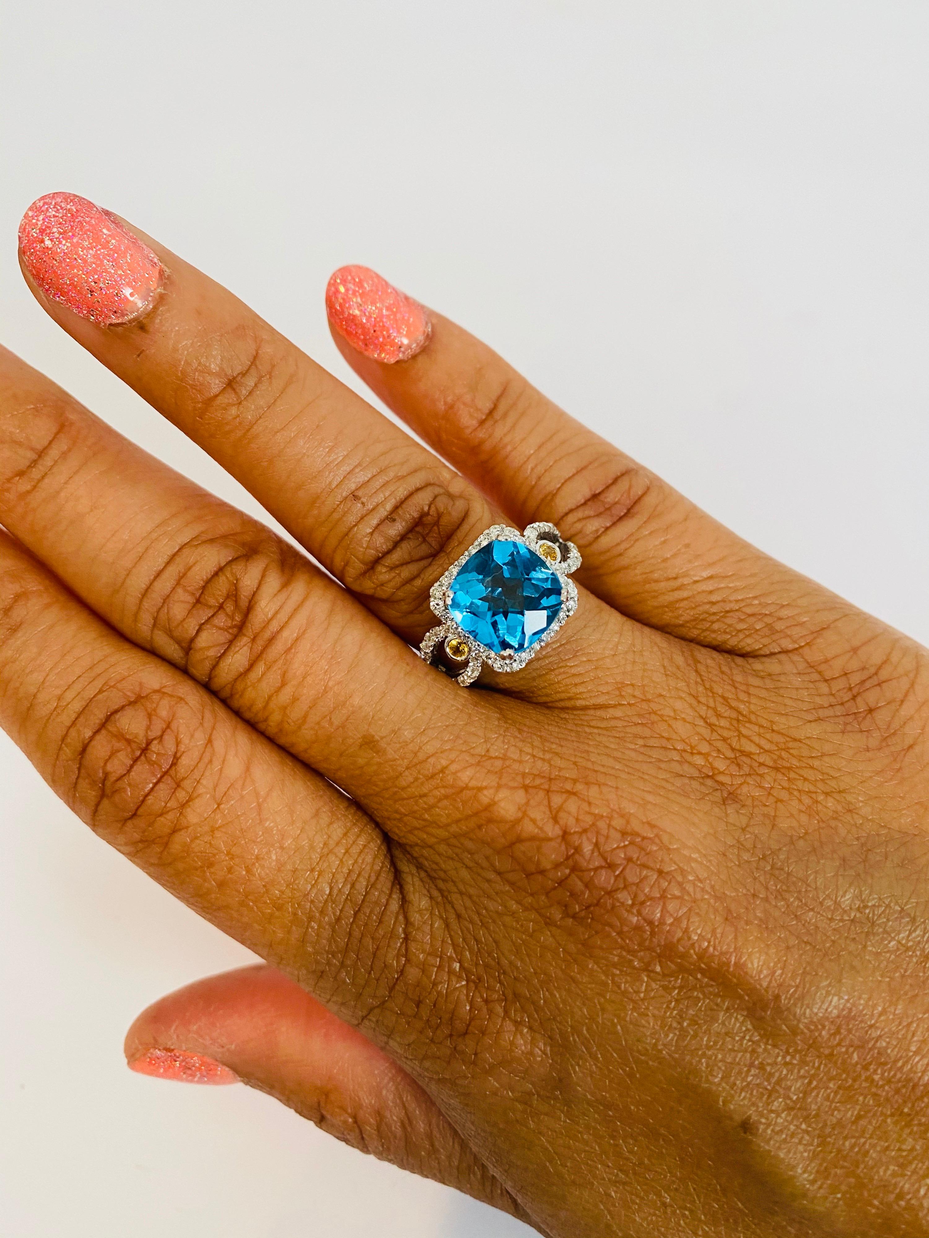 4.61 Carat Blue Topaz Sapphire Diamond White Gold Cocktail Ring For Sale 2
