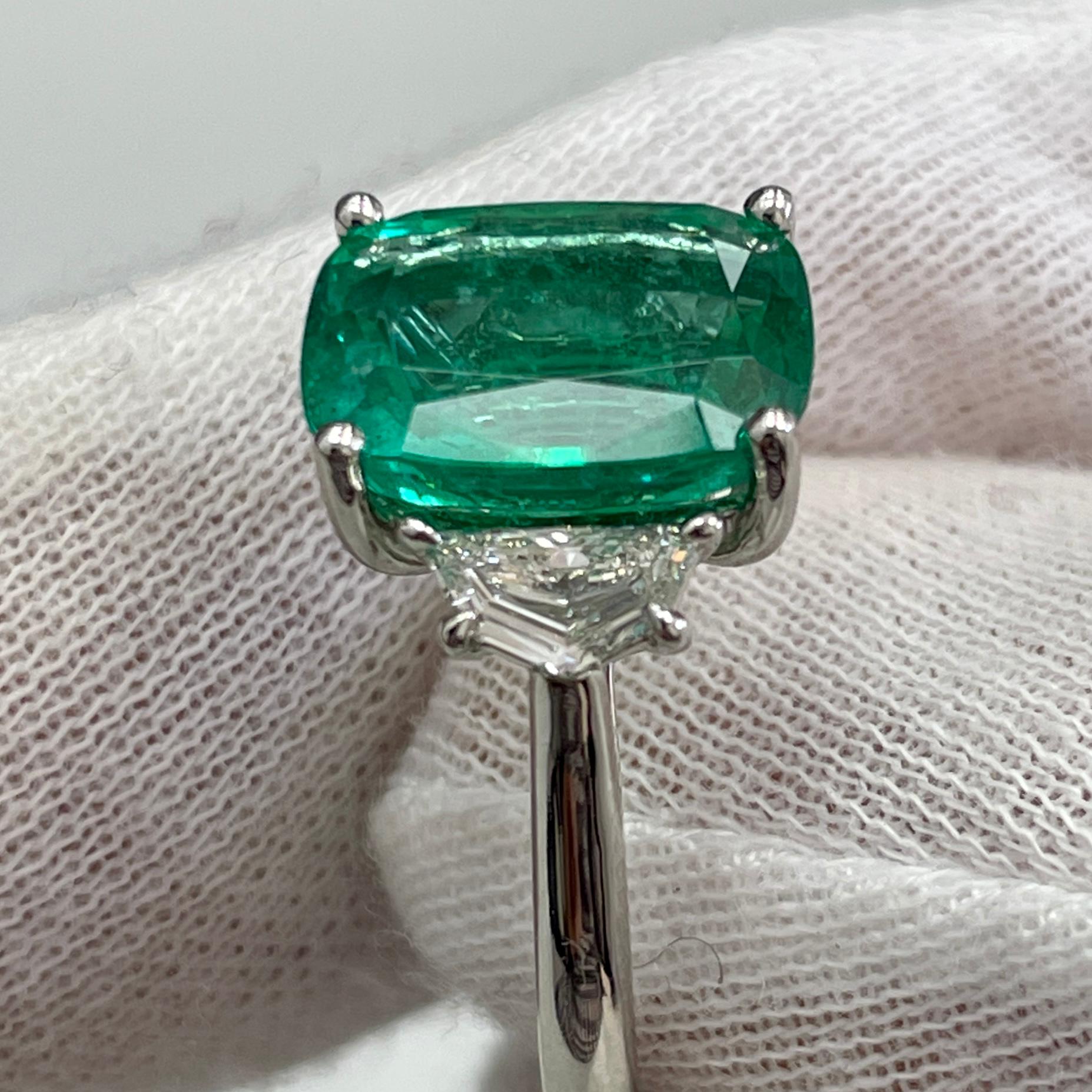 Cushion Cut 4.61 Carat Emerald & Diamond Platinum Ring For Sale