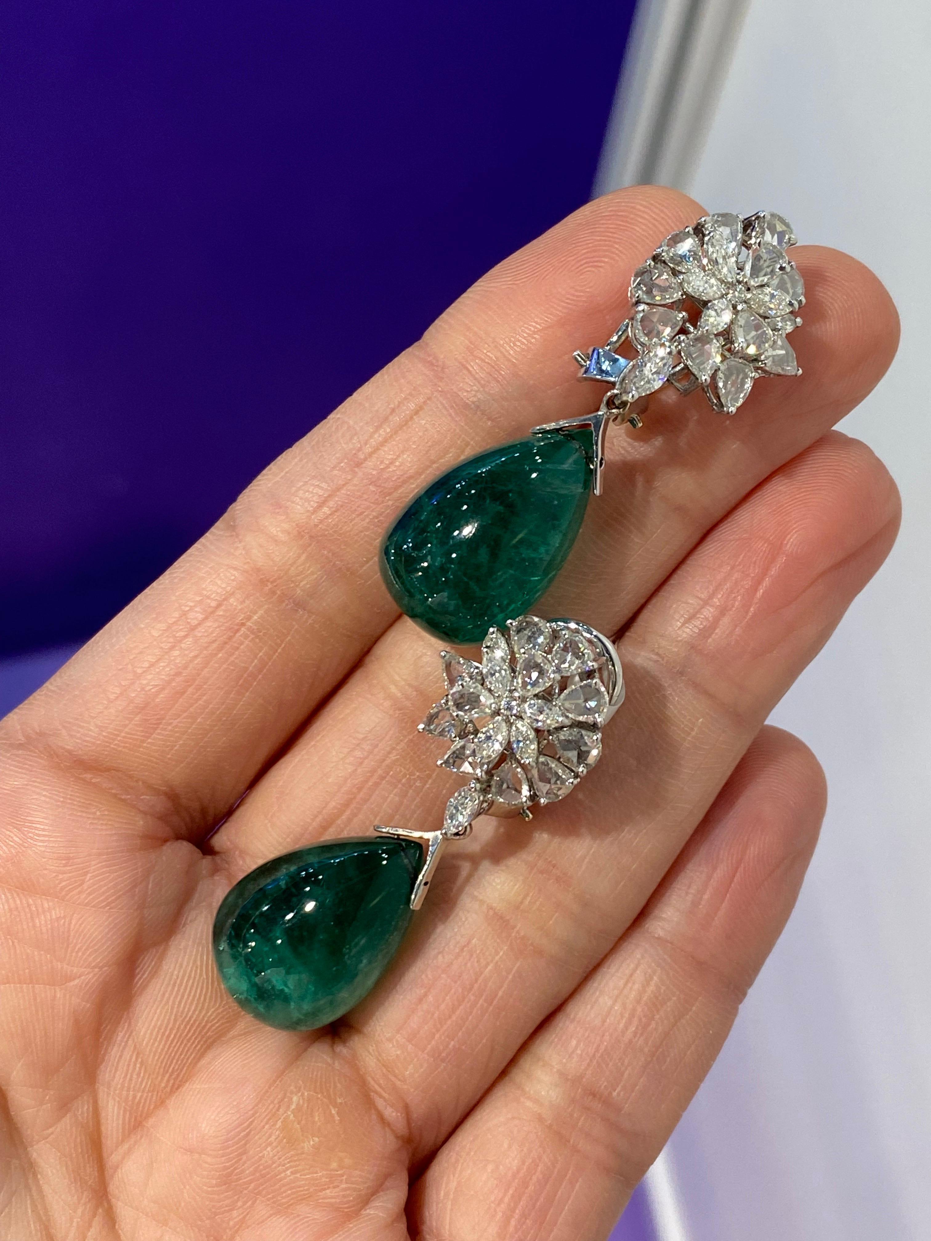 Art Deco 46.1 Carat Emerald Drops Earrings with Diamonds For Sale