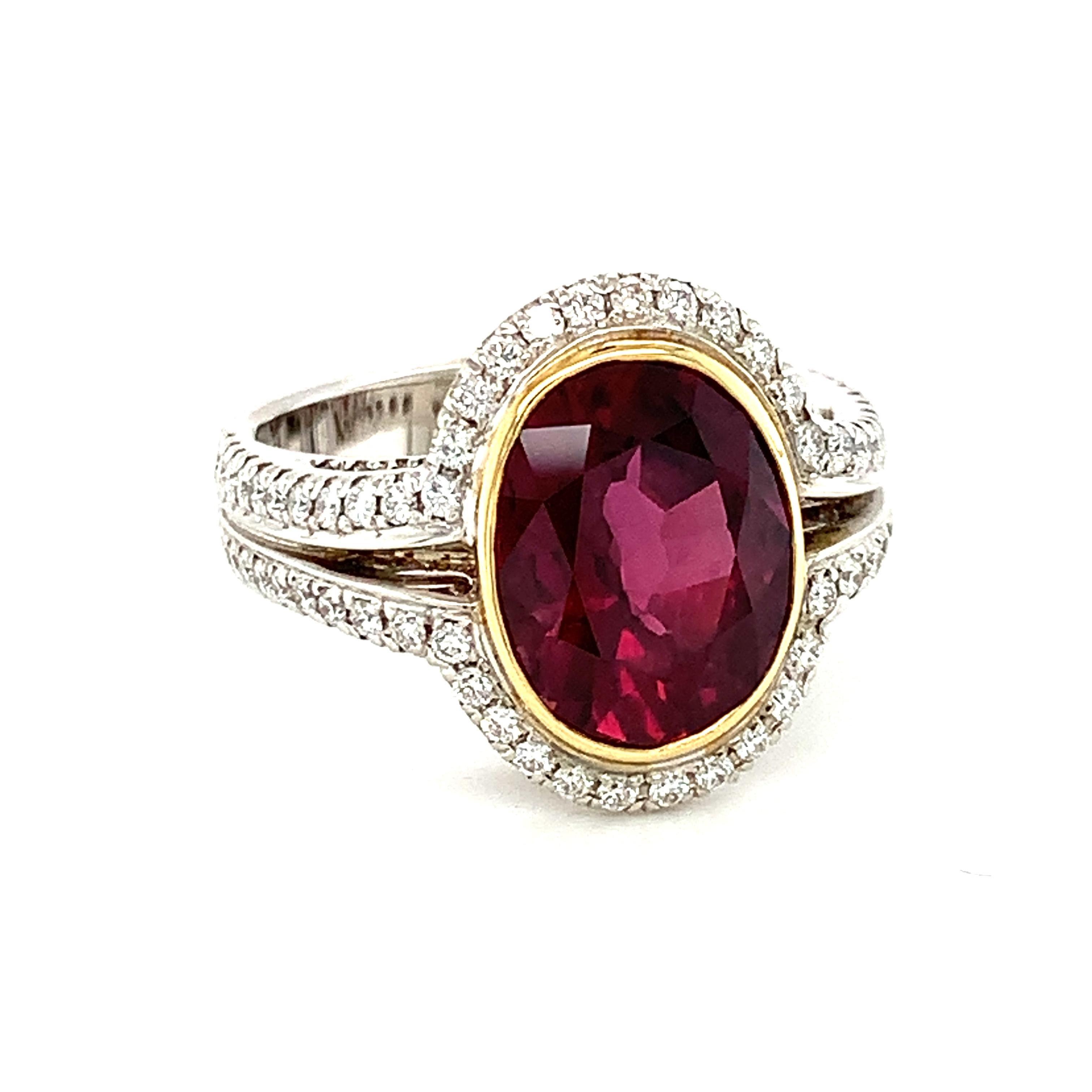 Artisan GIA Certified Ruby and Diamond Cocktail Ring Yellow and White Gold, 4.61 Carats For Sale