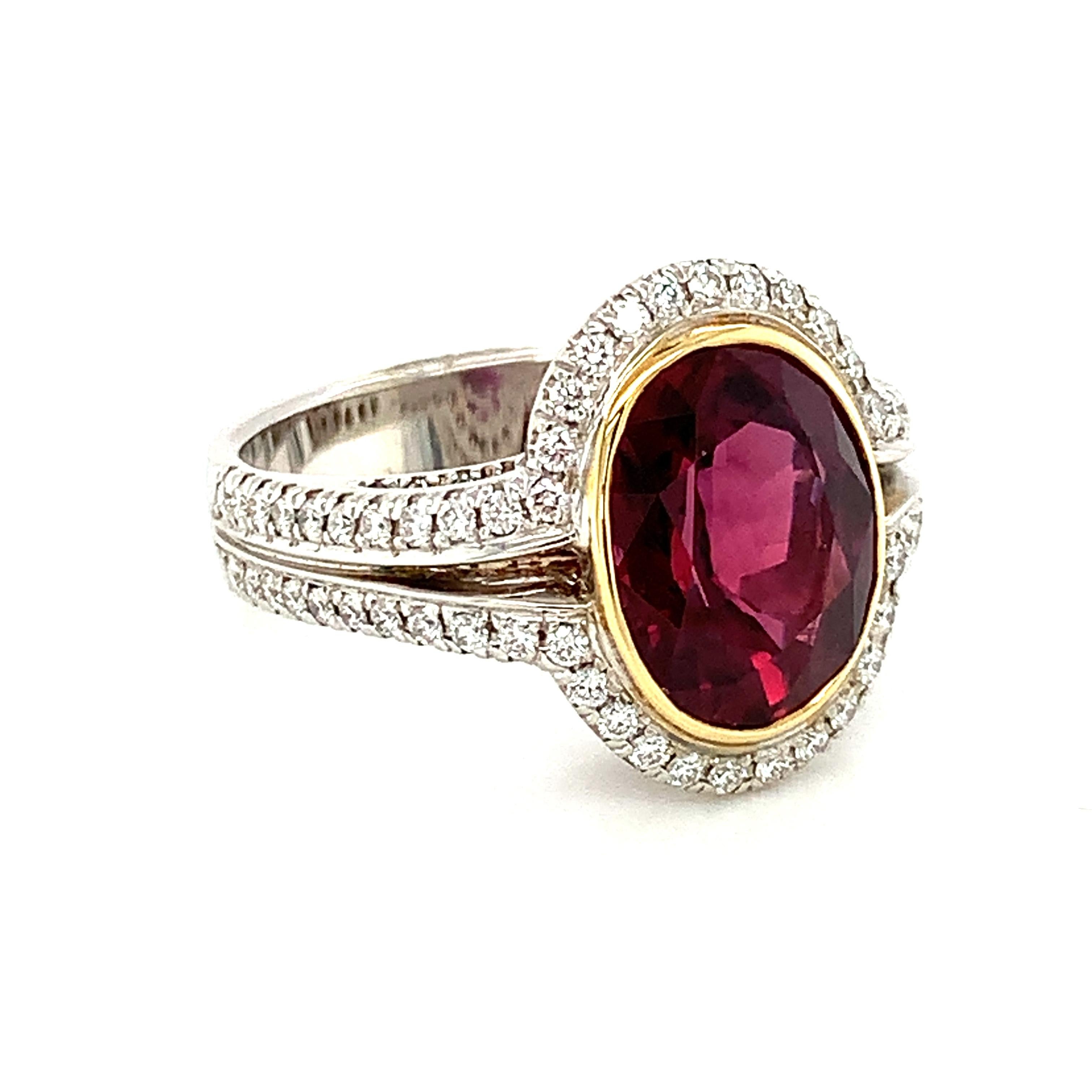 Brilliant Cut GIA Certified Ruby and Diamond Cocktail Ring Yellow and White Gold, 4.61 Carats For Sale