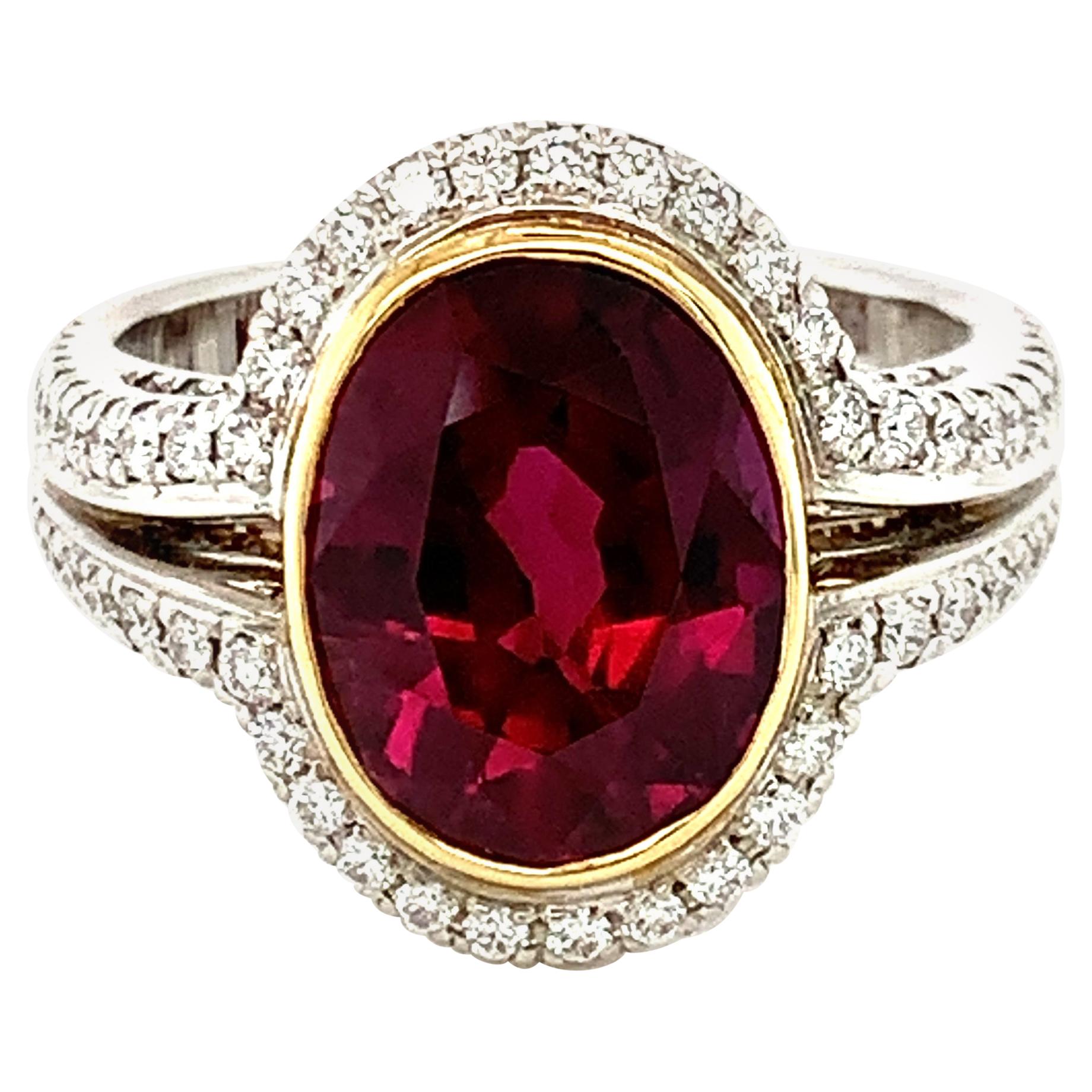 GIA Certified Ruby and Diamond Cocktail Ring Yellow and White Gold, 4.61 Carats For Sale