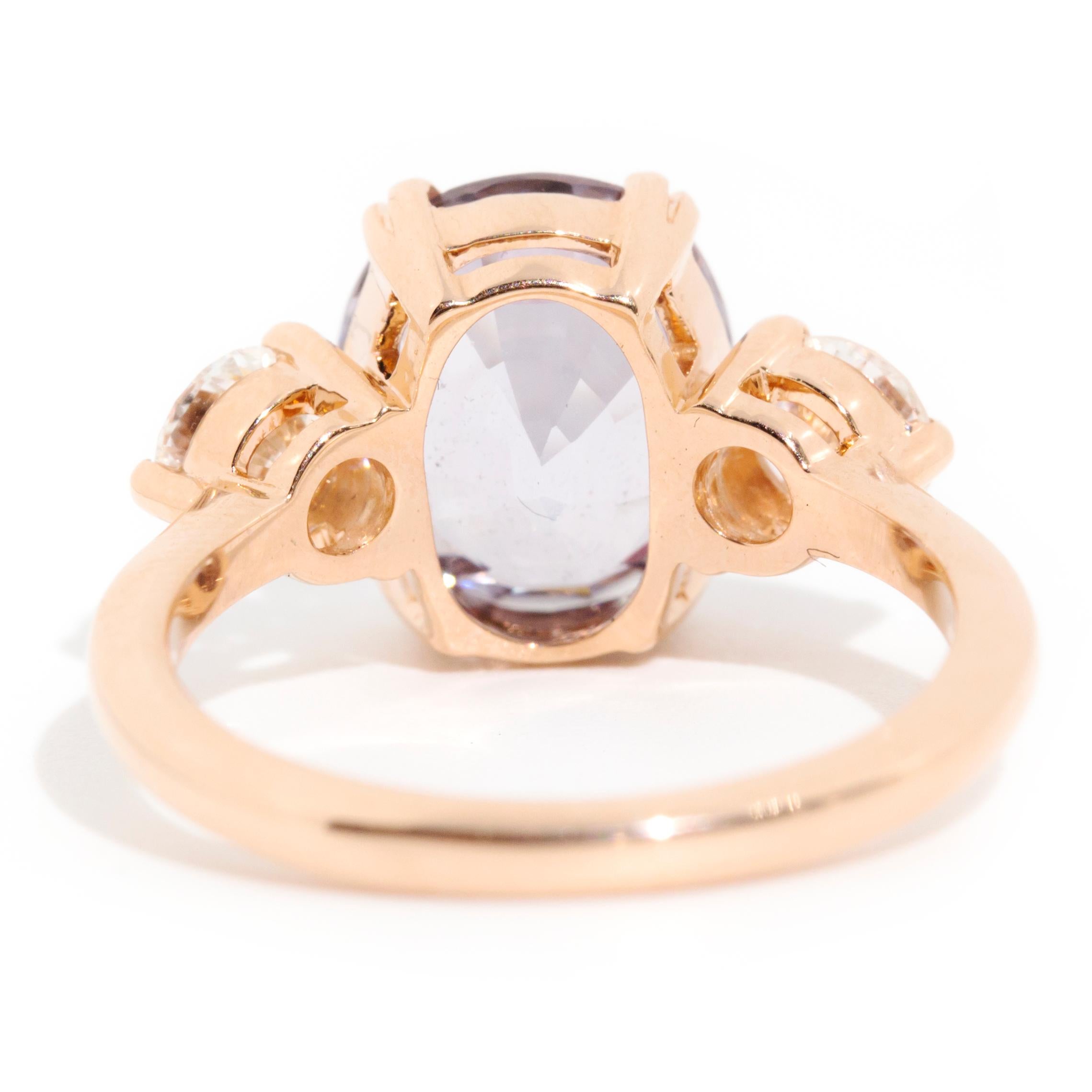 4.61 Carat Grey Purple Spinel and Diamond Three Stone 18 Carat Rose Gold Ring 4
