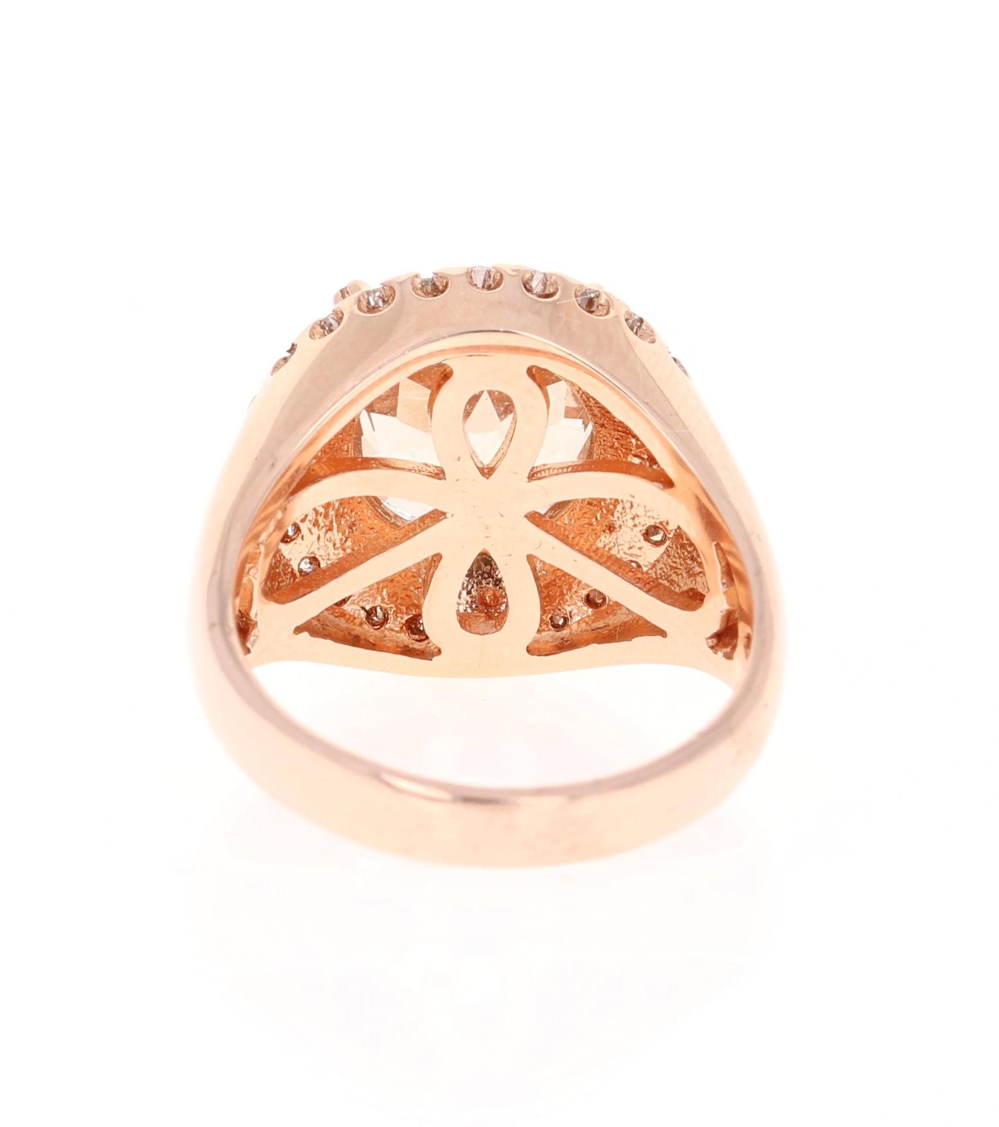 Round Cut 4.61 Carat Morganite Diamond 14 Karat Rose Gold Cocktail Ring For Sale